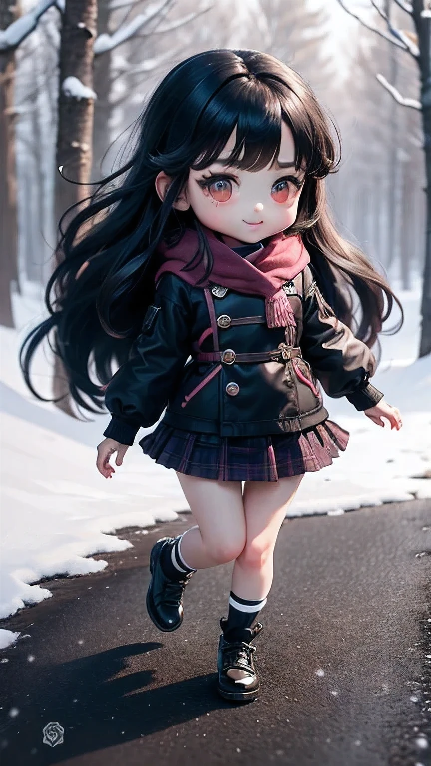 masterpiece、top-quality、ultra-detailliert、(Chibi Chara:1.27),On the way sakura gadan, The black long hair sways in the wind,glen plaid miniskirt,high socks,Trench coat for the winter,fairy tale snow forest,a cute smile,big eyes,running happily