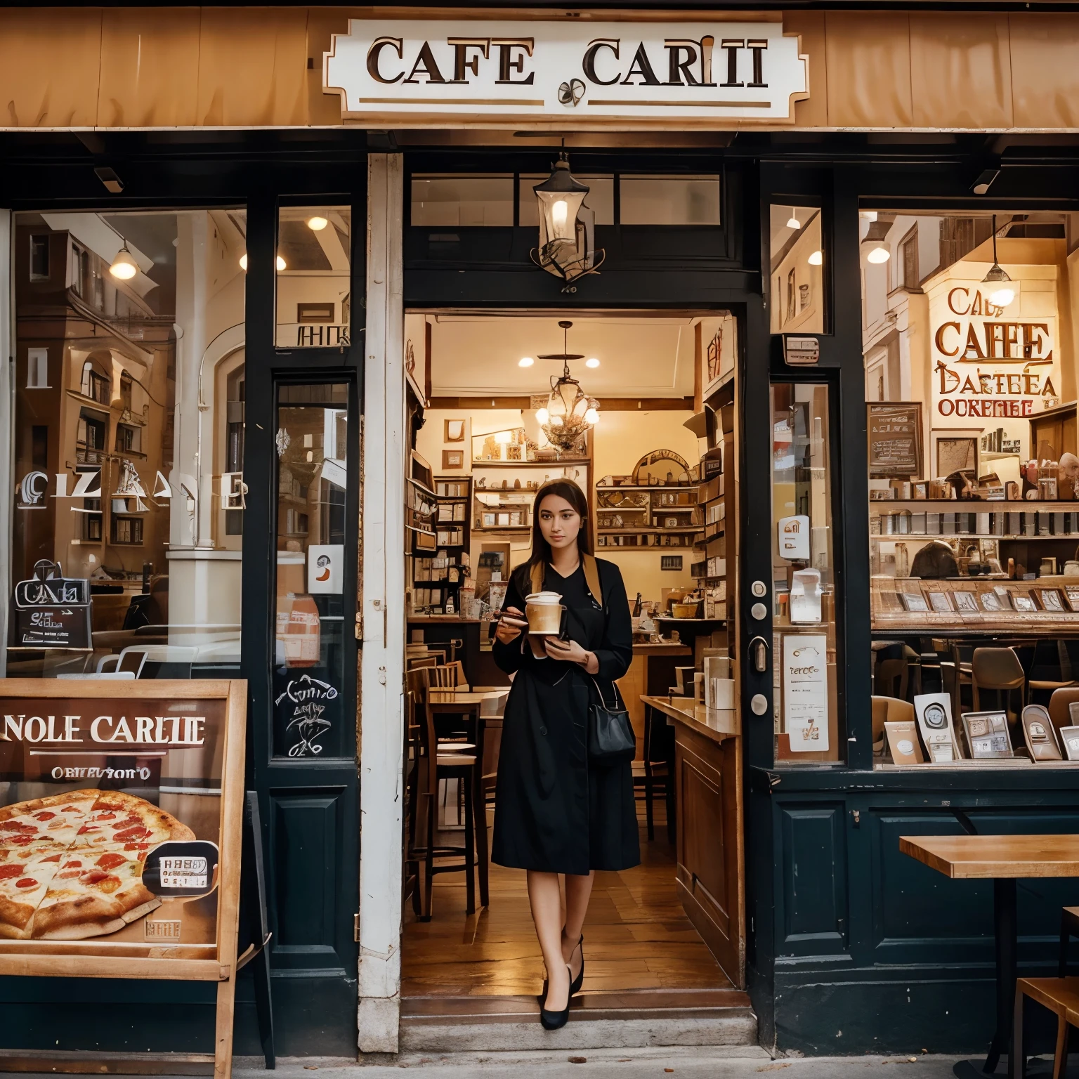 Make a poster with a cafe named cafe carlo with no person in the picture .make it eye catchy and attractive and list a few items like coffee ,pizza , garlic bread etc