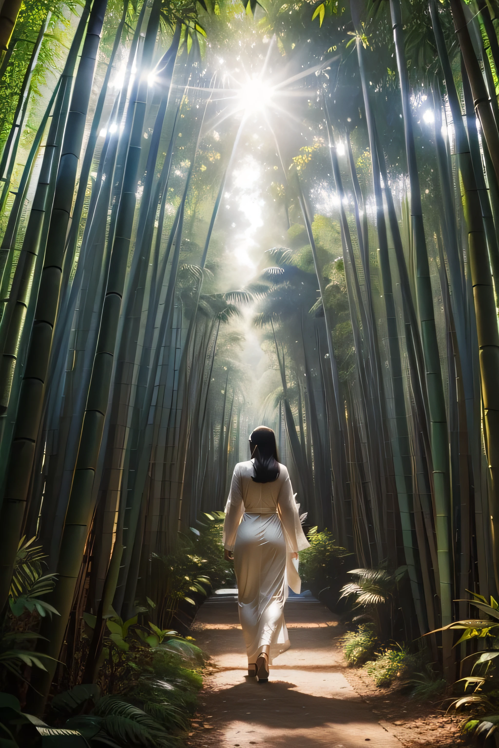 A beautiful woman is walking through a bamboo forest, Bask in the warm sunlight filtering through a canopy of tall bamboo leaves. The sunlight reflected dappled patterns on her white skin.。 A woman&#39;s long golden curly hair cascading down her shoulders, Highlighting her delicate features、Enhance your radiant smile, She is wearing a simple but elegant sundress., The hem flutters gently in the breeze, In her hands, She is carrying a bouquet of wildflowers that she picked from a nearby garden., (Full body portrait:1.4), 