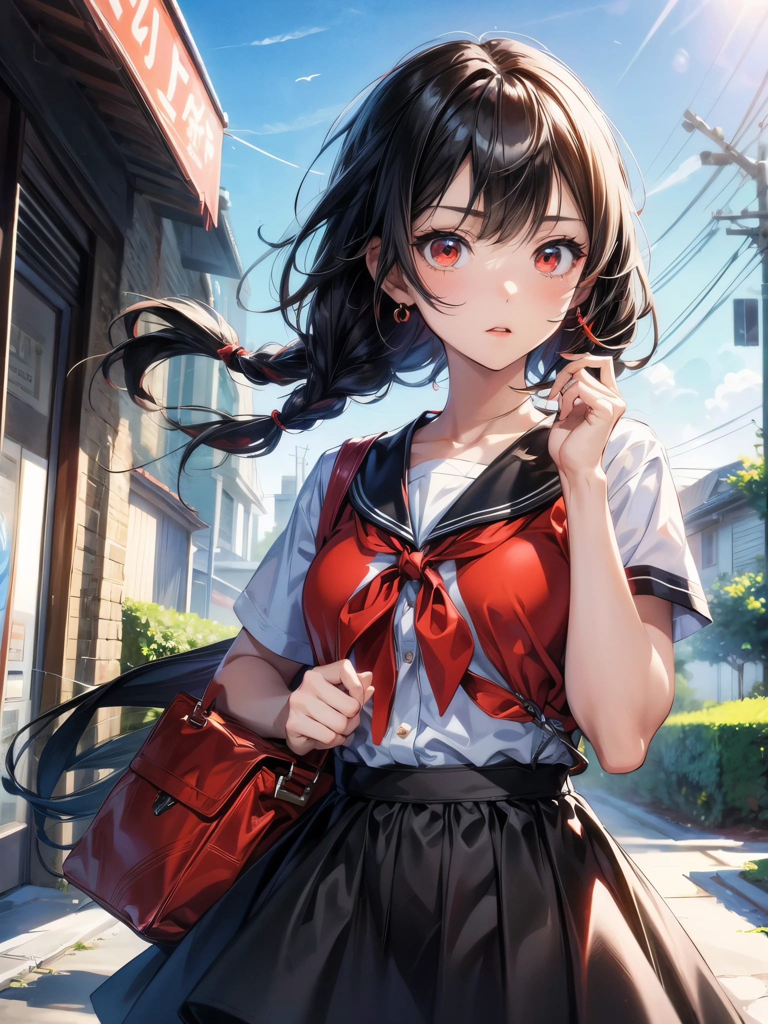 Anime style illustration,1girl,short black hair,red eyes,looking at viewer,half body,holding a school bag,wearing a seifuku,under the clear day sky,high resolution illustration,A full art illustration in a flat anime style,her twin braids and jewelry adding to her charm. An upper body portrait of this unique character with one eye red,
