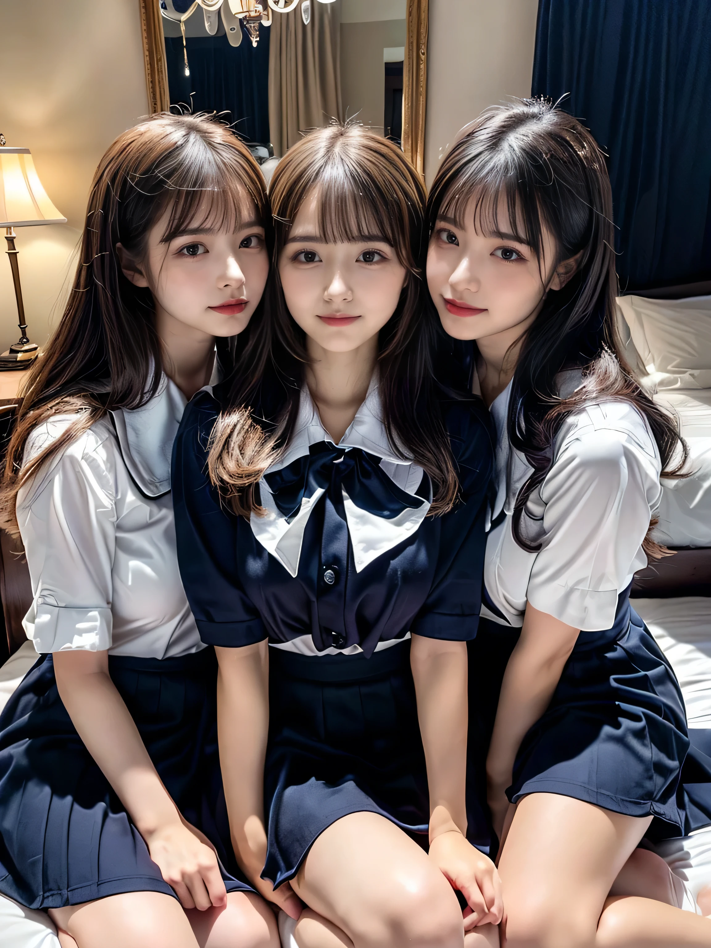 ((Four schoolgirls sitting on bed,Sit across from me,Look at me affectionately fascinated、Enraptured look,Trance,Everyone sees the camera perfectly,1 beautiful girl who is half Spanish,a blond,Brown hair,A dark-haired,photoRealstic,Luxury hotel bed taken from the lap,Same uniform,japanese,4 schoolgirls,Play with each other,Touching each other's bodies,Touching the body of the girl next door,4 Close contact,Very hilarious pose)),(Navy blue skirt in a sailor suit、Red ribbon and white shirt,Same ,(large full breasts,very huge round breasts),Beautiful makeup,glitter makeup,Cutest 18 years old)),((Realistic lighting,during daytime,The background is a luxury hotel room,A detailed face,perfect teeth,White teeth,finerly detailed face,Beautiful face,an ecstatic look on one's face,Perfect fingers,Accurate 5 fingers,high-definition RAW color photography, professional photograpy, extremely delicate and beautiful, Extremely detailed,finely detail, Huge file size,Top image quality,8K))
