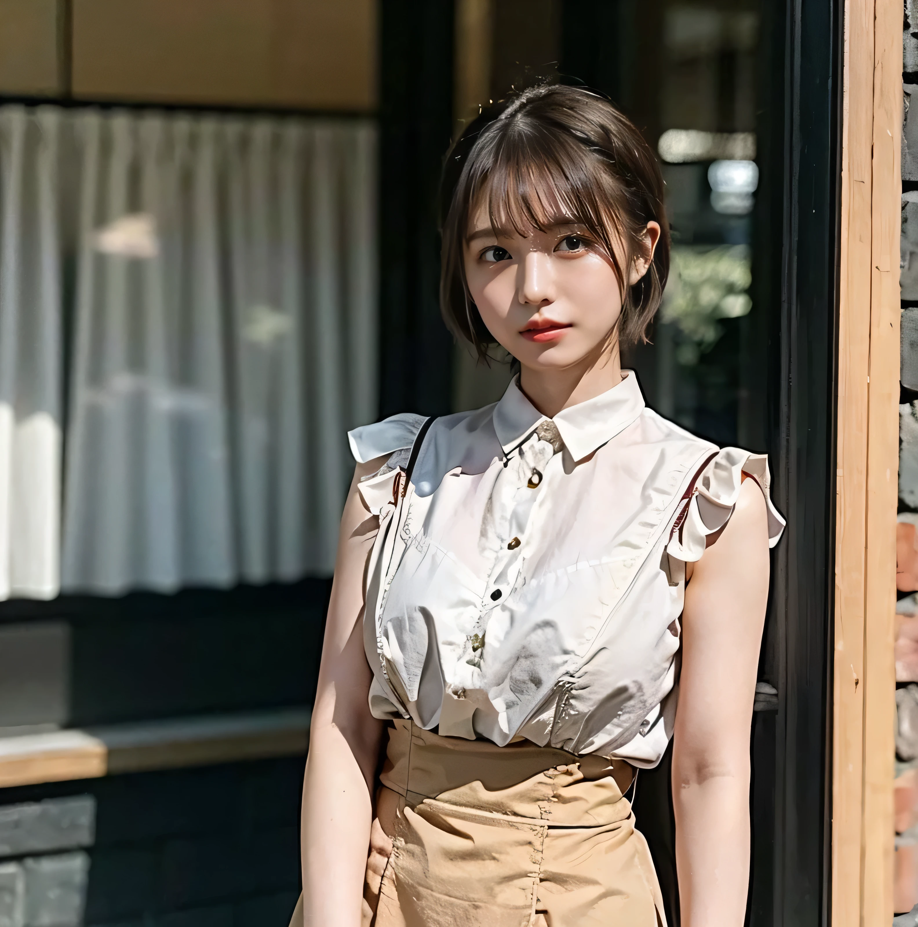 Braided hair only for the bangs、Light brown hair、teeth grinding、｛｛Cowgirl Shot｝｝、（（Close-up shot from the waist up、Big Breasts:1.4））、Swollen breasts、Big Breasts、Smile、Silk clothing、Big Breasts that can be seen even through clothes、Braided hair only for the bangs、Cowboy Shot、A luxurious white collared silk shirt and brown skirt、Elegant attire、A luxurious bag、In front of a stylish cafe with illuminations、A lovely smile、（（Nagoya street corner））、Full body photo、ring、Luxurious clothing、Short skirt、Tuck your hair behind one ear、Silver Necklace、smile、 elegant ponytail、Caustics、Highly detailed photos、Very beautiful eyeedium Short Hair、Large Breasts、Super no makeup、(8k、RAW Photos、highest quality、masterpiece:1.2)、(Realistic、Realistic)、1 girl、((Medium Short Hair、Looking into the camera:1.4))、Hair blowing in the wind
