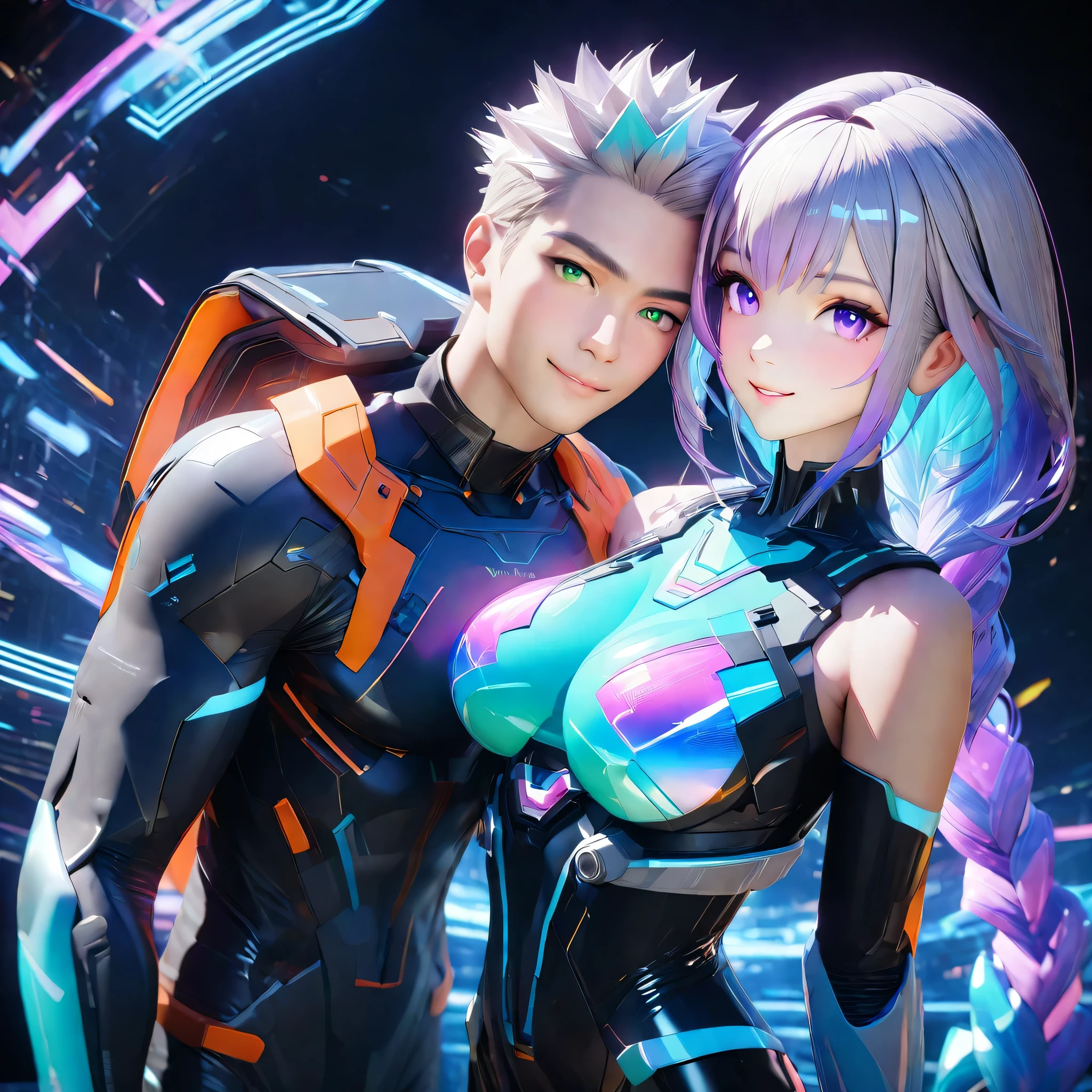 holography, Draw in neon colors:(Man and woman couple:Man on the left:Woman on the right):future, transparent, 3D, Light, sf, Digital art, Digital, scientific, Dark Background: electronic circuit: Draw in neon colors, 3D, masterpiece, Digital space, energy, beautiful, masterpiece, 8k, Light, become close, Vibrant, colorful, Nice, beautiful, Rich colors, beautiful Light Lines. Magical Effects, Sparkling, beautiful Light Grains,BREAK,Man on the left,A friendly and charismatic male character in a futuristic black and blue cyber suit with glowing LED lines, short spiky blue hair, and sharp green eyes. He is tall, muscular, and has an energy backpack on his back. The character is smiling warmly and in a relaxed posture, exuding a welcoming and approachable aura. The background is a digital cityscape with floating holographic elements and light effects, representing a cybernetic world.,BREAK,Woman on the right,yinji,1girl,solo,purple_hair,purple_eyes,very_long_hair,grey_hair,braided_ponytail,large_breasts,gradient_hair,,Cyber Suit,Bare shoulders,Short spats,Silver bra top,Intricate details,Cold look, beautiful, masterpiece, 8k, Light