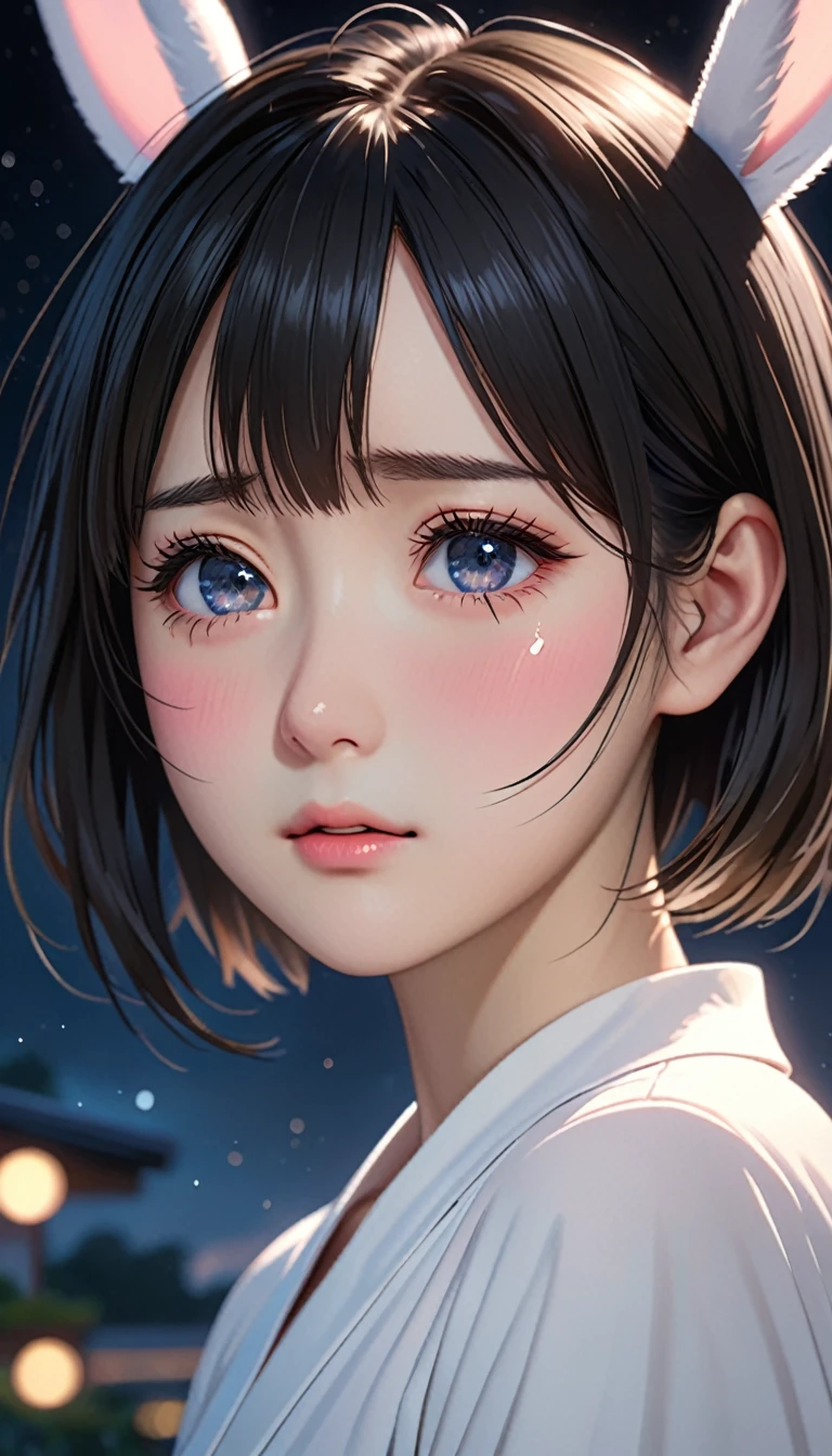 National Science Foundation,masterpiece,High resolution,8K,Art,digit,Three-dimensional,Realism,Kyoto Animation Style,Your name style,looking into camera,Soft Light,Glowing skin,(1 female: 1.3),(alone: 1.4),(((black hair))),(dressed as a bunny girl),Long eyelashes,Slender legs,Short Bob,Close-up of upper body,Close-up,close view,(Eyes as deep as the starry sky),(blush),(shy),(lovely and delicate),(Pitiful),(cry),(shed tears),(((sadness)))