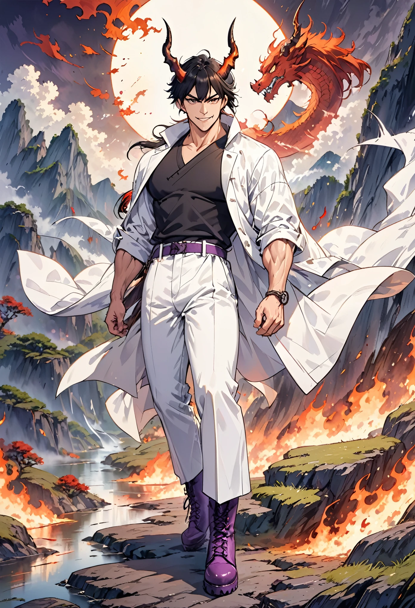 Muscle Man, Solitary, White trench coat, White trousers, white hair, Black hair, A man who looks Japanese, Dragon Horn, Purple combat boots, Evil smile, Dark brown eyes, fantasy landscape, Flame through the darkness.