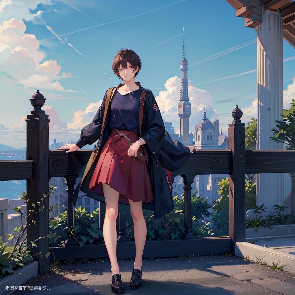 highest quality、high resolution、Anime drawings、Daytime garden、One boy、Dark Brown Hair、Shortcuts、bangs、Smile with your mouth closed、High summer、Standing pose