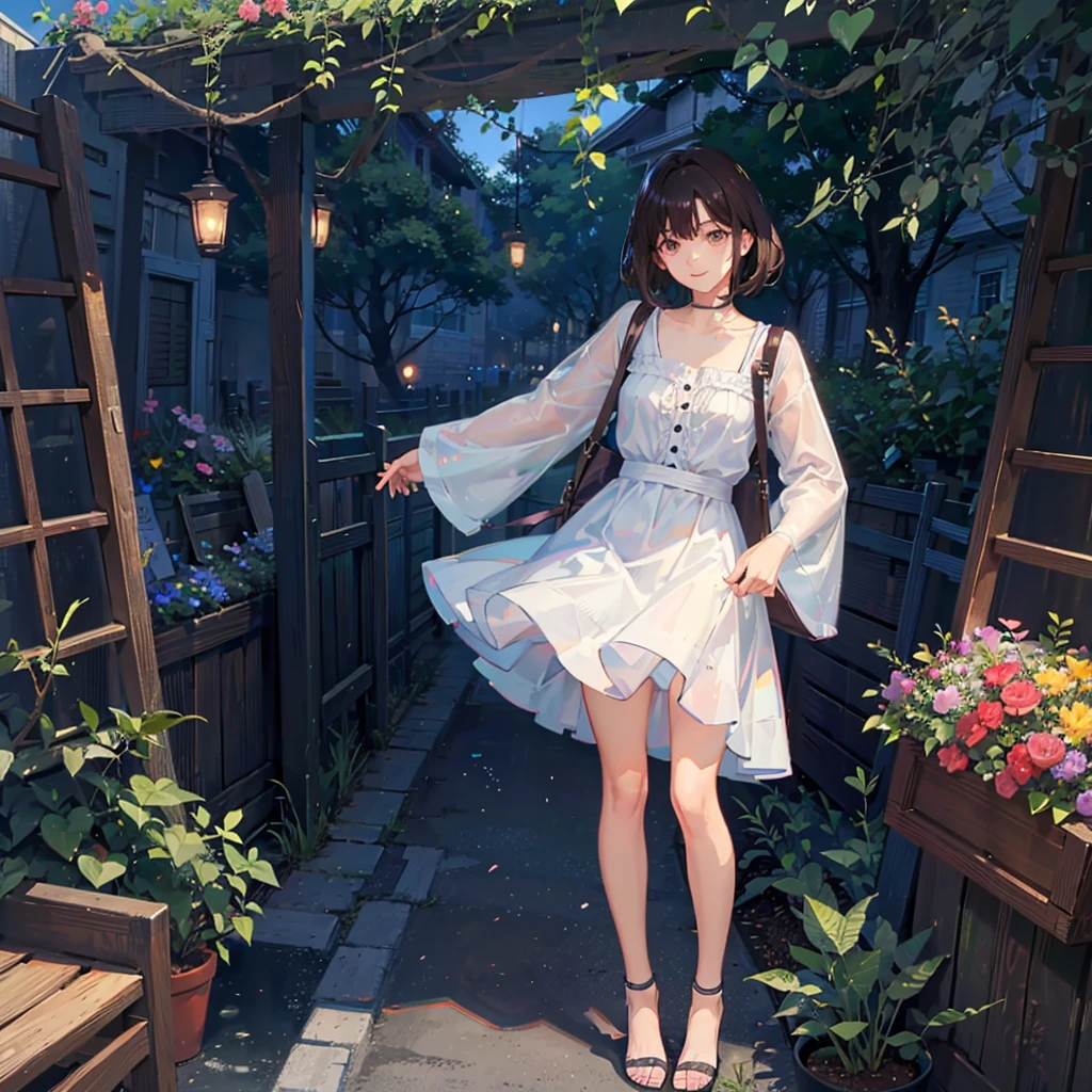 highest quality、high resolution、Anime drawings、Daytime garden、One boy、Dark Brown Hair、Shortcuts、bangs、Smile with your mouth closed、High  summer、Standing pose