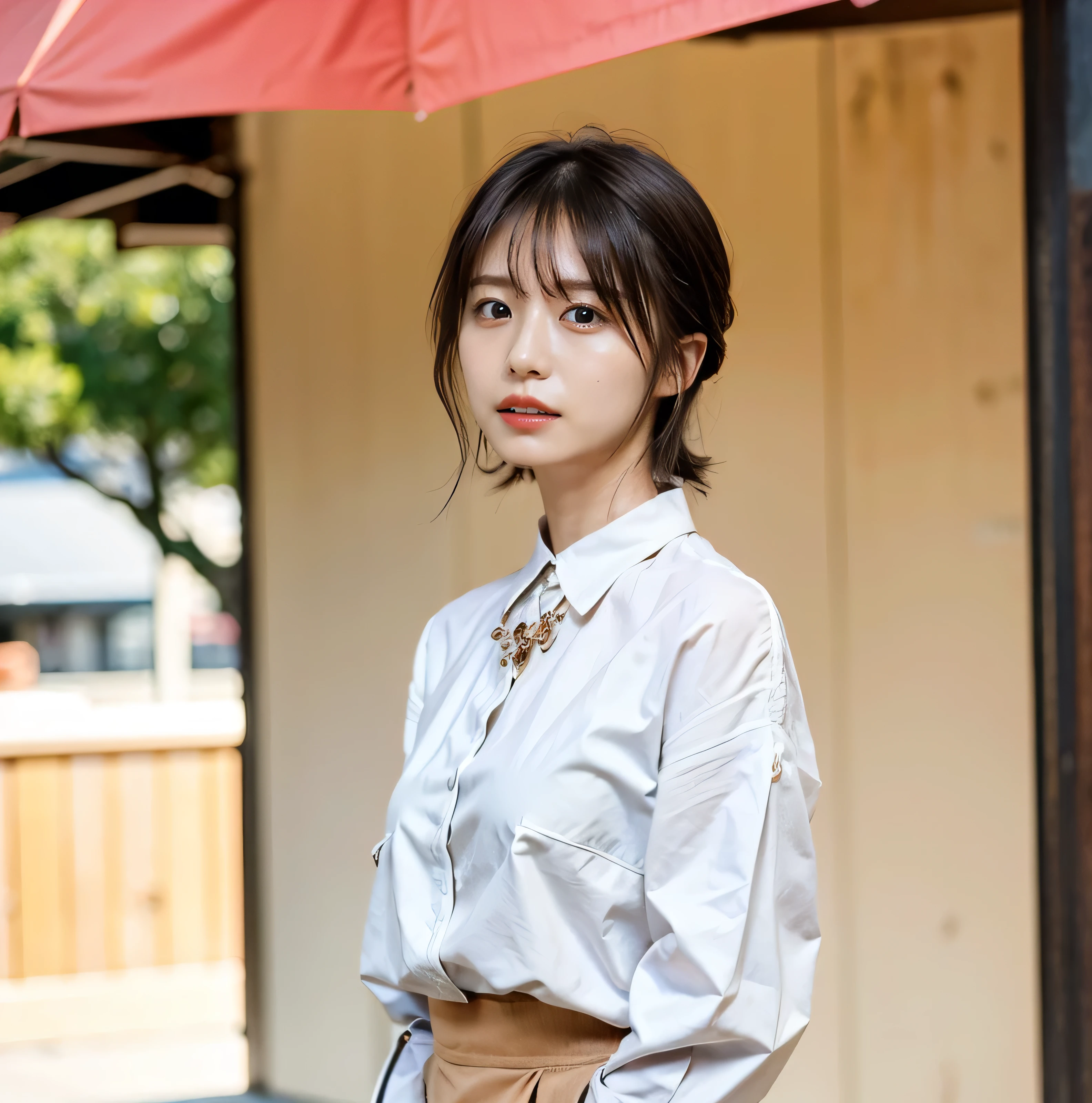 No sleeve、Braided hair only for the bangs、Light brown hair、teeth grinding、{{Cowgirl Shot}}、((Close-up shot from the waist up、Big Breasts:1.4))、Swollen breasts、Big Breasts、Smile、Silk clothing、Big Breasts that can be seen even through clothes、Braided hair only for the bangs、Cowboy Shot、A luxurious white collared silk shirt and brown skirt、Elegant attire、A luxurious bag、In front of a stylish cafe with illuminations、A lovely smile、((Nagoya street corner))、Full body photo、ring、Luxurious clothing、Short skirt、Tuck your hair behind one ear、Silver Necklace、smile、 elegant ponytail、Caustics、Highly detailed photos、Very beautiful eyeedium Short Hair、Large Breasts、Super no makeup、(8k、RAW Photos、highest quality、masterpiece:1.2)、(Realistic、Realistic)、1 girl、((Medium Short Hair、Looking into the camera:1.4))、Hair blowing in the wind