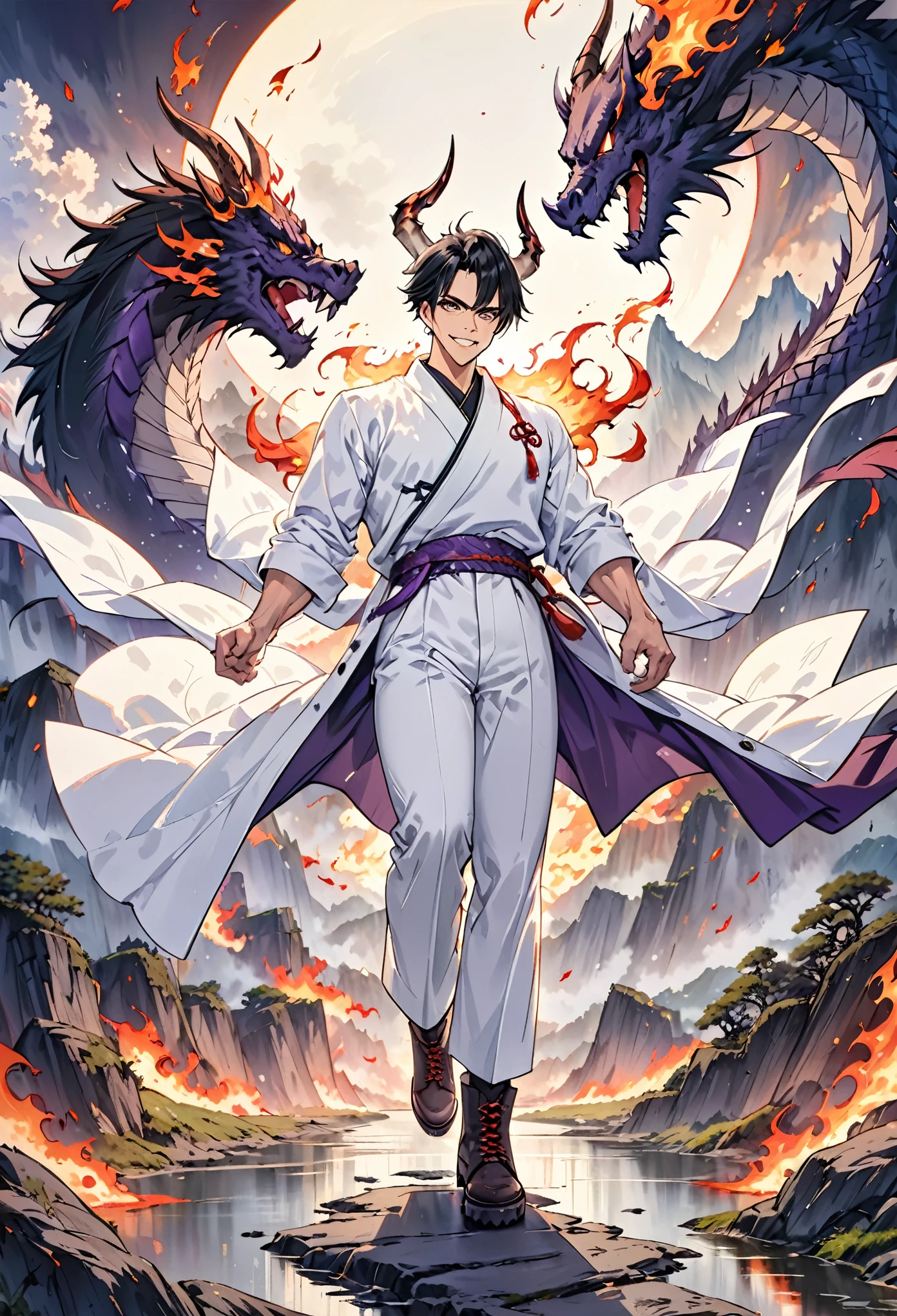 Muscle Man, Solitary, White trench coat, White trousers, white hair, Black hair, A man who looks Japanese, Dragon Horn, Purple combat boots, Evil smile, Dark brown eyes, fantasy landscape, Flame through the darkness.