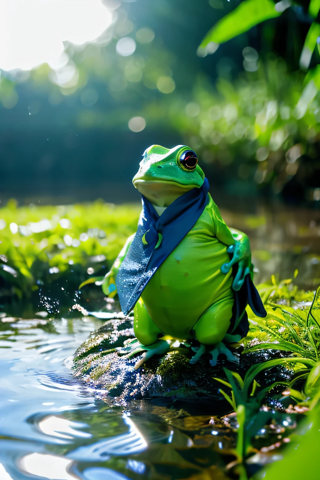 masterpiece,highest quality,Ultra-realistic,Japanese Mythology,Apparition,Making a Kappa, Anthropomorphic frog,Face is human,Eyes are black,The ears are pointy,Black bangs,Green body, Yellow Plate, Carrying a shell,,My whole body is wet,My bangs are wet,Cucumbers on hands, 8k, Ultra-realism, Cinematic,Rivers and ponds、Swamp or other waterside background,Intimidation