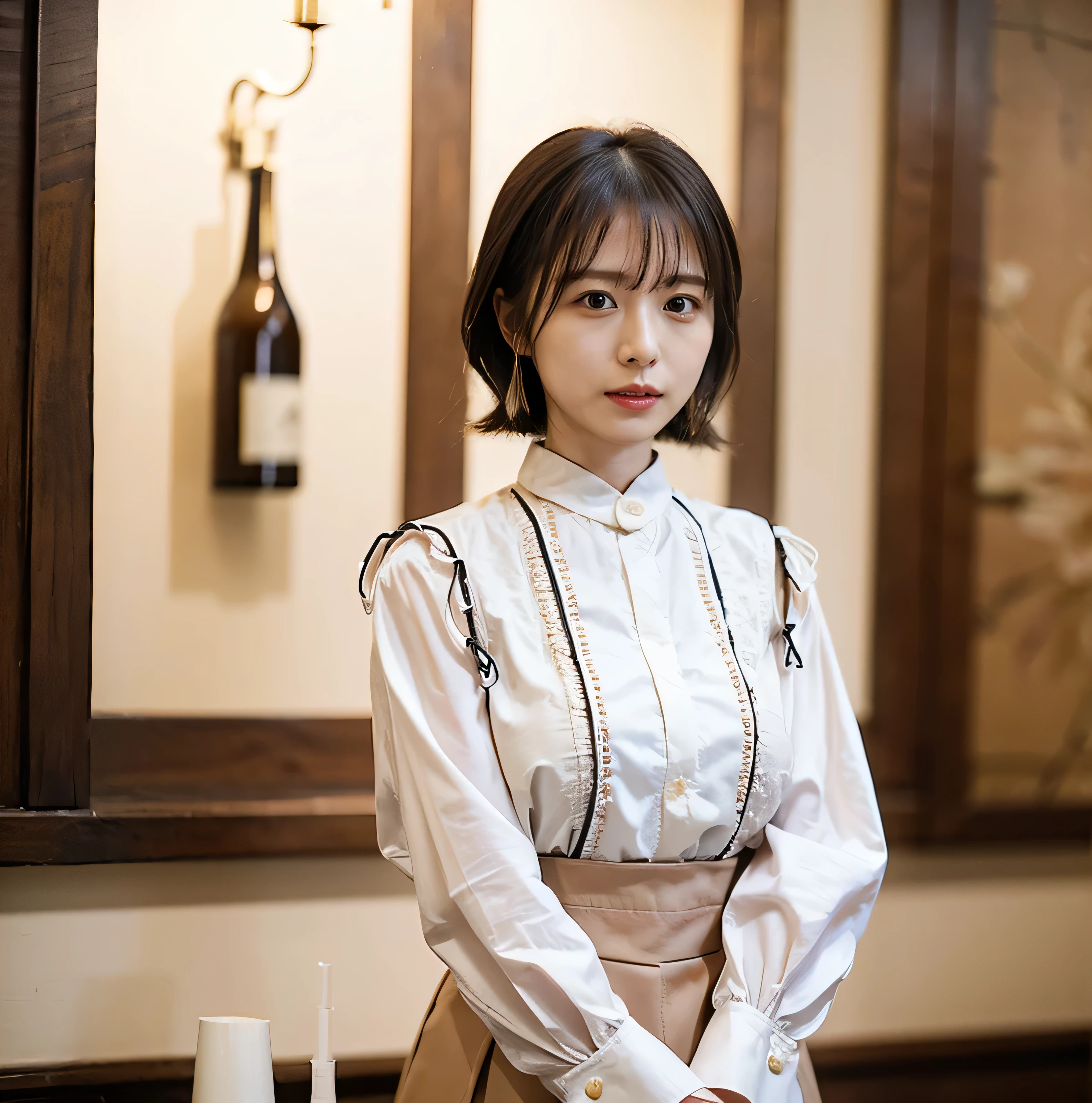 with rufflessleeveless、Braided hair only for the bangs、Light brown hair、teeth grinding、｛｛Cowgirl Shot｝｝、（（Close-up shot from the waist up、Big Breasts:1.4））、Swollen breasts、Big Breasts、Smile、Silk clothing、Big Breasts that can be seen even through clothes、Braided hair only for the bangs、Cowboy Shot、A luxurious white collared silk shirt and brown skirt、Elegant attire、A luxurious bag、In front of a stylish cafe with illuminations、A lovely smile、（（Nagoya street corner））、Full body photo、ring、Luxurious clothing、Short skirt、Tuck your hair behind one ear、Silver Necklace、smile、 elegant ponytail、Caustics、Highly detailed photos、Very beautiful eyeedium Short Hair、Large Breasts、Super no makeup、(8k、RAW Photos、highest quality、masterpiece:1.2)、(Realistic、Realistic)、1 girl、((Medium Short Hair、Looking into the camera:1.4))、Hair blowing in the wind

