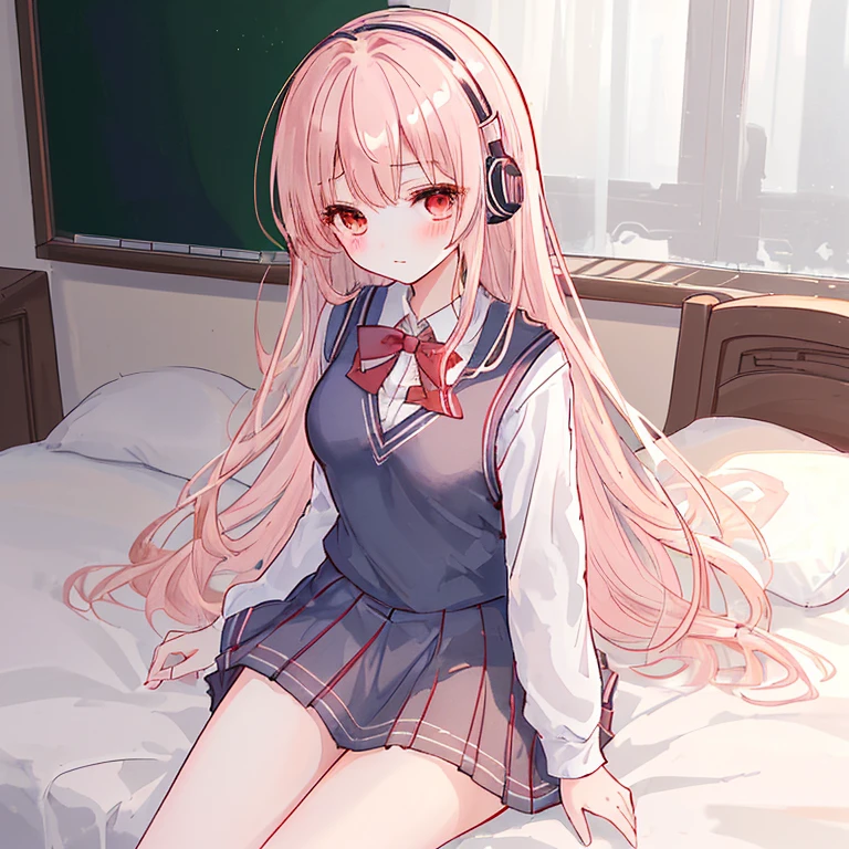 (8k、highest quality、masterpiece:1.2)、Illustration touch、Ultra-detailed、Super A High Resolution、Light pink hair、long hair、Headphones、One woman in uniform、clear、High 、White long sleeve blouseとnavy blue sweater vest、White long sleeve blouse、The blouse is buttoned、Red ribbon tie、navy blue sweater vest、red and black plaid skirt、赤黒チェックmini skirt、mini skirt、White Pantyhose、delicate、Sitting duck-style on the bed、M-shaped legs、Inner thighs、White panties、(School uniform:1.4)、Blushing、Watery eye