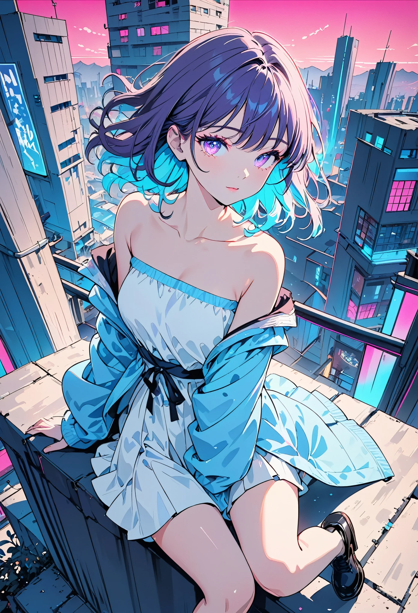 masterpiece,best quality,1 Synthwave style girl,蓝色contour,Neon-lit streets,Blue fluorescent paint,Solitary,from above,Cowboy shooting,sit on top of building,Extremely detailed CG,Flat Color,Limited color palette,nolan art,contour,partial coloring,Alternative Colors,Dynamic Angle,Blue grows up the mountain,Deep purple shades,Synthwave,Chromatic Aberration,(Solitary focus),Perfect shadow,Wearing an off-shoulder flowing jacket,Delicate face,Bare shoulders,Beautiful and delicate eyes,Exquisite background,Blue neon light,