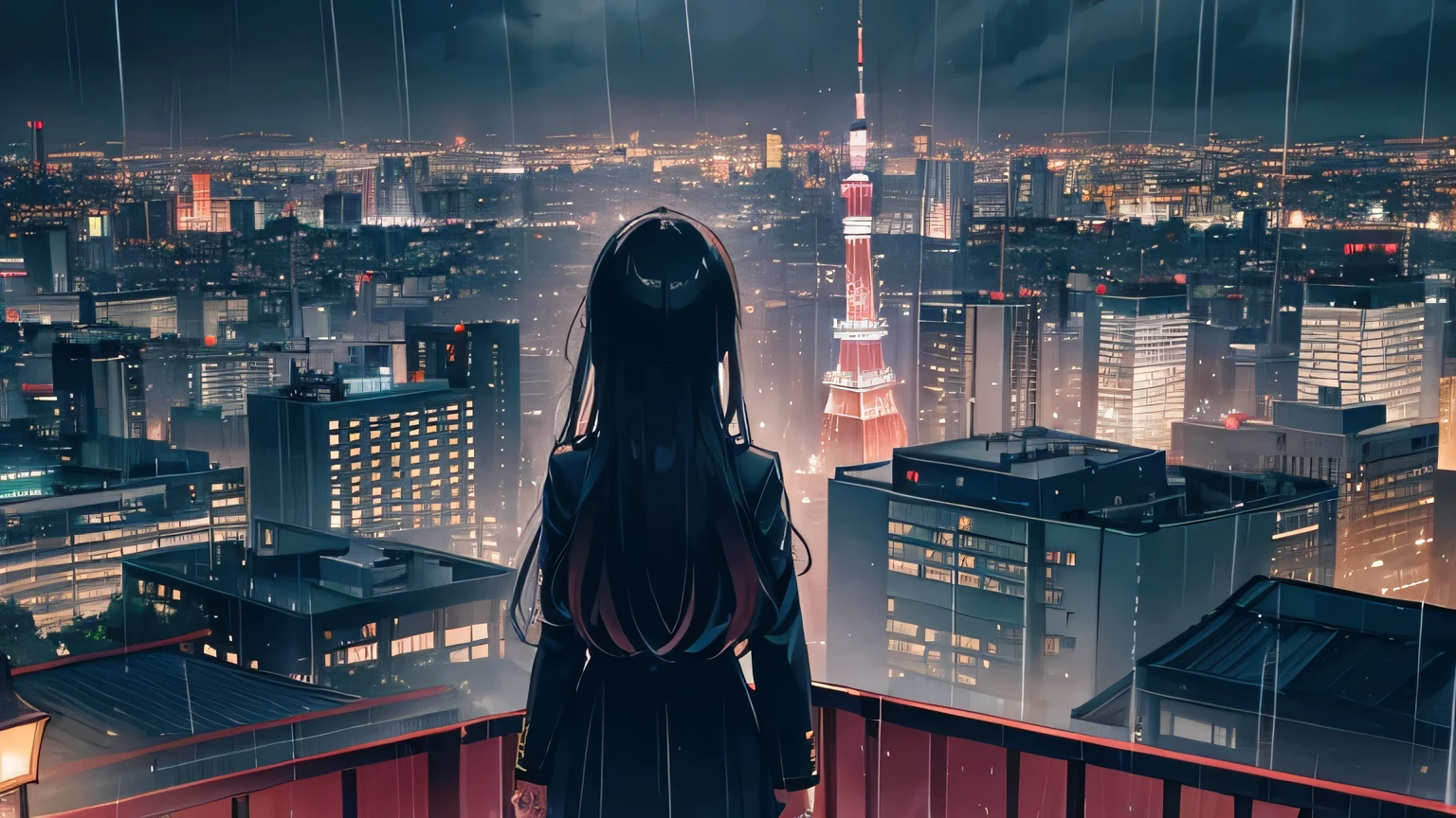 night view,rain,panorama,tokyo tower,Tokyo、Shibuya、building、rooftop、rain、、rain、cloud、uniform、youth、Back view、、Panorama、long hair,