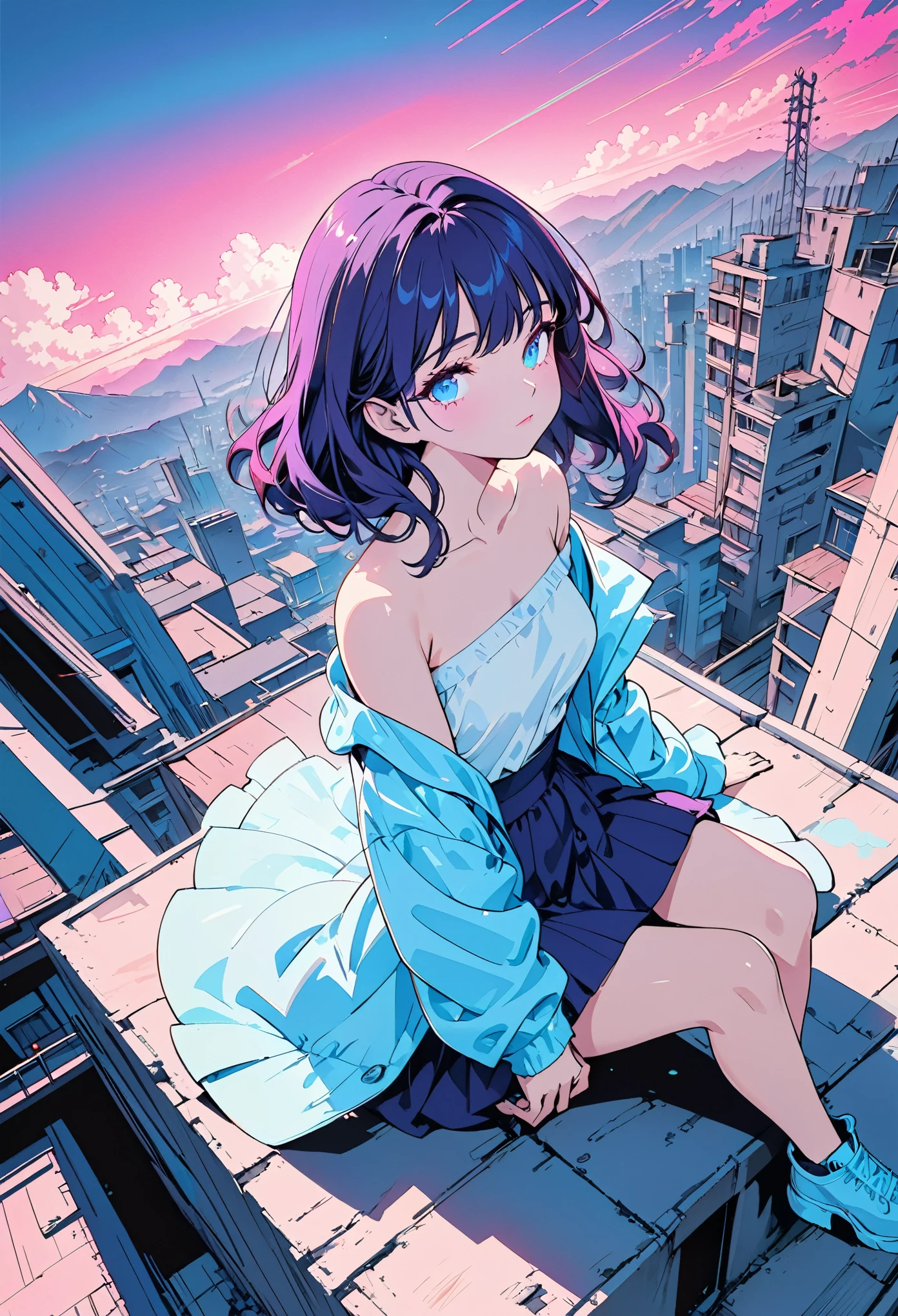 masterpiece,best quality,1 Synthwave style girl,蓝色contour,Neon-lit streets,Blue fluorescent paint,Solitary,from above,Cowboy shooting,sit on top of building,Extremely detailed CG,Flat Color,Limited color palette,nolan art,contour,partial coloring,Alternative Colors,Dynamic Angle,Blue grows up the mountain,Deep purple shades,Synthwave,Chromatic Aberration,(Solitary focus),Perfect shadow,Wearing an off-shoulder flowing jacket,Delicate face,Bare shoulders,Beautiful and delicate eyes,Exquisite background,Blue neon light,