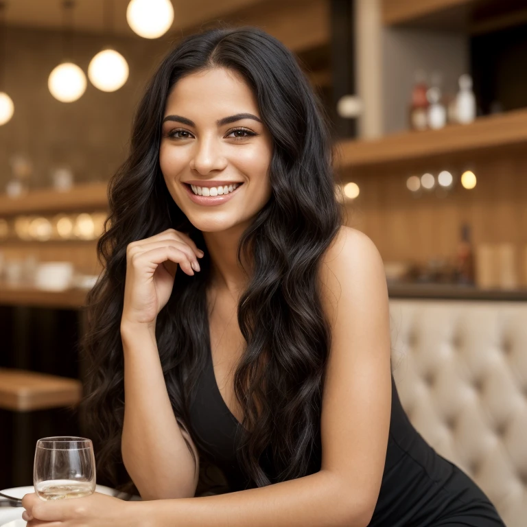 Arafed woman with long wavy black hair smiling, au restaurant 5 etoiles et tenant un ongle rouge., Femme latina de 30 ans.,en cours d'performing