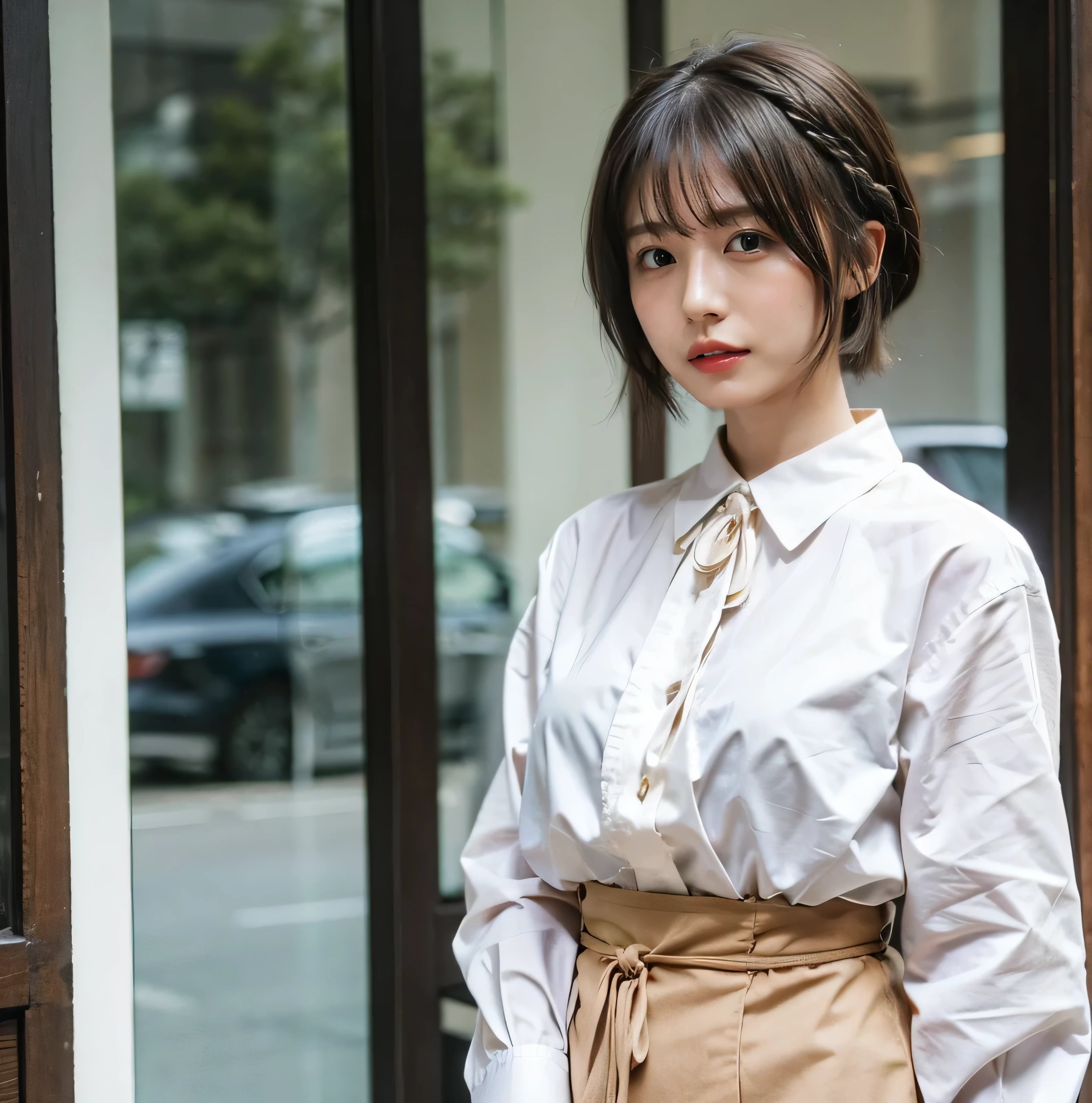 with rufflessleeveless、Braided hair only for the bangs、Light brown hair、teeth grinding、{{Cowgirl Shot}}、((Close-up shot from the waist up、Big Breasts:1.4))、Swollen breasts、Big Breasts、Smile、Silk clothing、Big Breasts that can be seen even through clothes、Braided hair only for the bangs、Cowboy Shot、A luxurious white collared silk shirt and brown skirt、Elegant attire、A luxurious bag、In front of a stylish cafe with illuminations、A lovely smile、((Nagoya street corner))、Full body photo、ring、Luxurious clothing、Short skirt、Tuck your hair behind one ear、Silver Necklace、smile、 elegant ponytail、Caustics、Highly detailed photos、Very beautiful eyeedium Short Hair、Large Breasts、Super no makeup、(8k、RAW Photos、highest quality、masterpiece:1.2)、(Realistic、Realistic)、1 girl、((Medium Short Hair、Looking into the camera:1.4))、Hair blowing in the wind