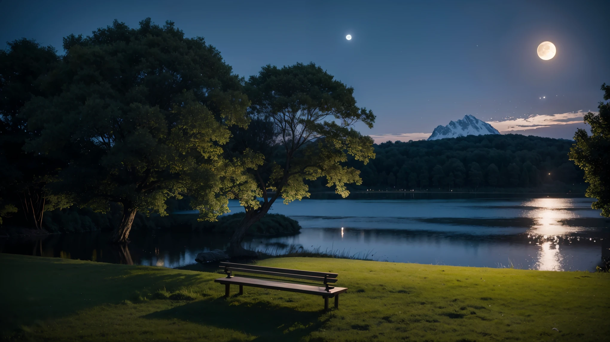 There are benches on the lawn near the lake and a huge tree, Cows grazing near a tree, The moon reflects on the water, full Moon in the background, full Moon in the background, big Moon in the background, big Moon in the background!, (Moon in the background), Moon reflected on the surface of the water, Moon in the background, A perfect and clear moon,  Moon in the background  