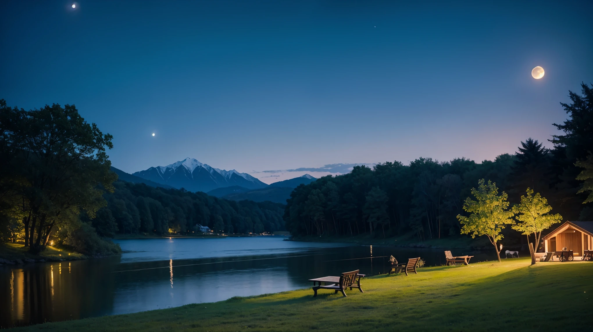 There are benches on the lawn near the lake and a huge tree, Cows grazing near a tree, The moon reflects on the water, full Moon in the background, full Moon in the background, big Moon in the background, big Moon in the background!, (Moon in the background), Moon reflected on the surface of the water, Moon in the background, A perfect and clear moon, Moon in the background