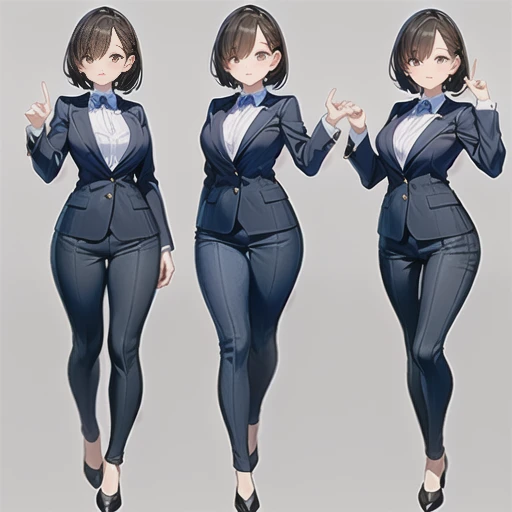 Original character sheet, short hair,Pose reference,In one pose. 8k,high quality, High resolution, 4K, hd,(Well designed face), Great face, (Very detailed), Beautiful Eyes, All images must be full body, A total of 3 images are required, Front view, Use manga style, All photos must be of the same girl, All sizes required,Office Lady,suit,8k,high quality, High resolution, 4K, hd,(Well designed face), Great face, (Very detailed), Beautiful Eyes, All images must be full body,,Thick thighs, You must write the whole body, You must write the whole body,