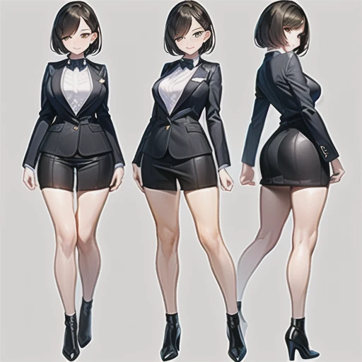 Original character sheet, short hair,Pose reference,In one pose. 8k,high quality, High resolution, 4K, hd,(Well designed face), Great face, (Very detailed), Beautiful Eyes, All images must be full body, A total of 3 images are required, Front view, Use manga style, All photos must be of the same girl, All sizes required,Office Lady,suit,8k,high quality, High resolution, 4K, hd,(Well designed face), Great face, (Very detailed), Beautiful Eyes, All images must be full body,,Thick thighs, You must write the whole body, You must write the whole body,
