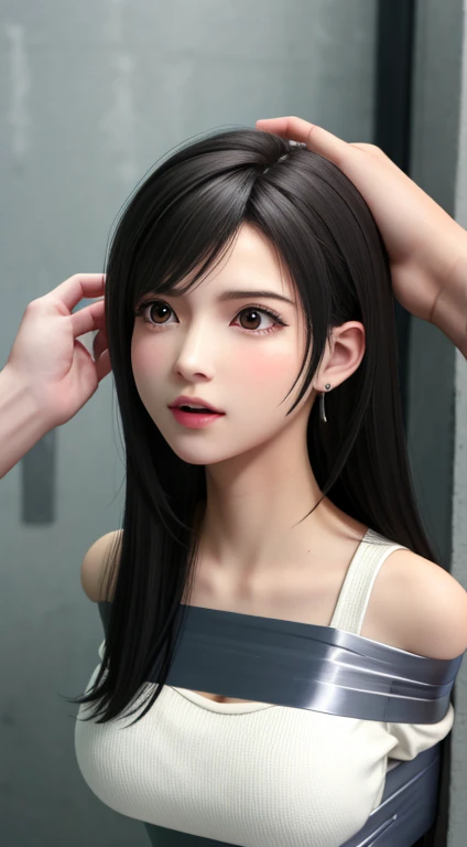 masterpiece, absurdres, 1girl, Tifa Lockhart, length hair, floating hair, large breasts, breasts out,Bound, Bondage, (arms behind back:1.4), BDSM, tape, TAPE BONDAGE, close-up, srestrained, best anatomy, Curled up, angry face, mad, shout, Upper body, blushing face, humiliation, desperate, (stripped naked by men), (front), (men touching her), holding hair, pov hand pulling hair, hair played, hair toying, (men playing her hair), (men raises her hair)