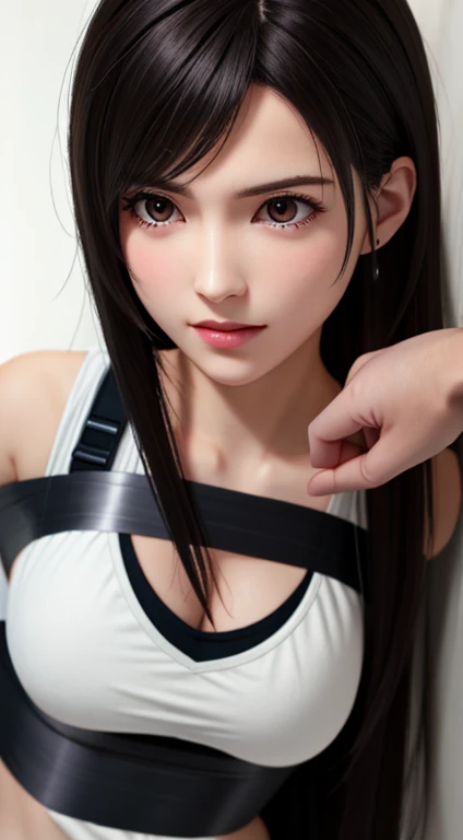 masterpiece, absurdres, 1girl, Tifa Lockhart, length hair, floating hair, large breasts, breasts out,Bound, Bondage, (arms behind back:1.4), BDSM, tape, TAPE BONDAGE, close-up, srestrained, best anatomy, Curled up, angry face, mad, shout, Upper body, blushing face, humiliation, desperate, (stripped naked by men), (front), (men touching her), holding hair, pov hand pulling hair, hair played, hair toying, (men playing her hair), (men raises her hair)