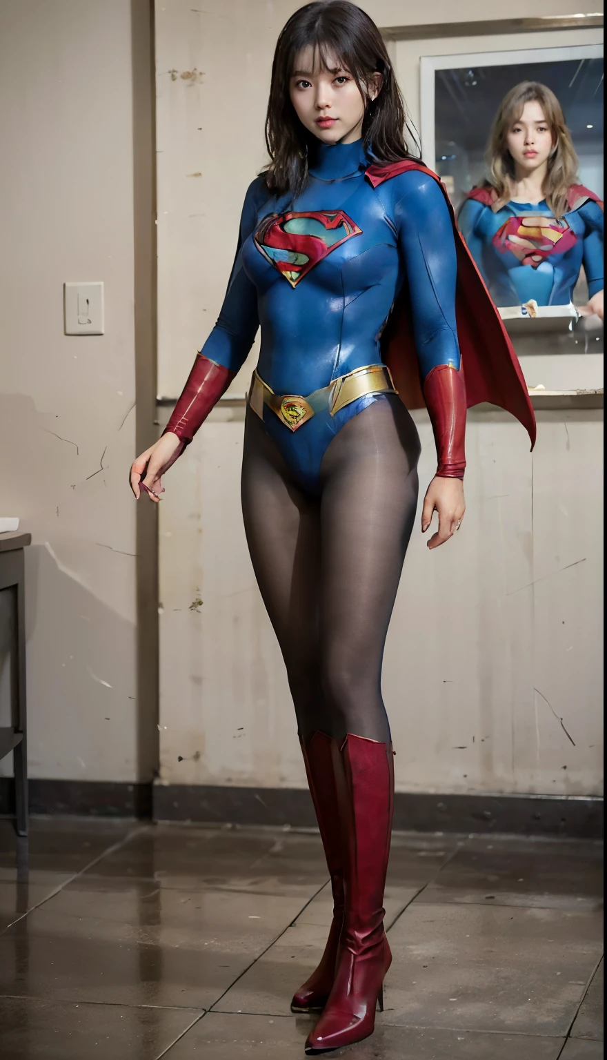 No background、(((Beautiful legs in black tights.)))、(((Legally express the beauty of your smile)))、((((Make the most of your original images)))、(((Body-fitting Supergirl costume)))、(((Supergirl Costume)))、(((Short beautiful hair)))、(((suffering)))、(((Please wear black tights....、Wear red boots)))、((Best image quality、8k))、((highest quality、8k、masterpiece:1.3))、(((Preserve background )))、Sharp focus:1.2、Beautiful woman with perfect figure:1.4、Slim Abs:1.2、Wet body:1.5、Highly detailed face and skin texture、8k