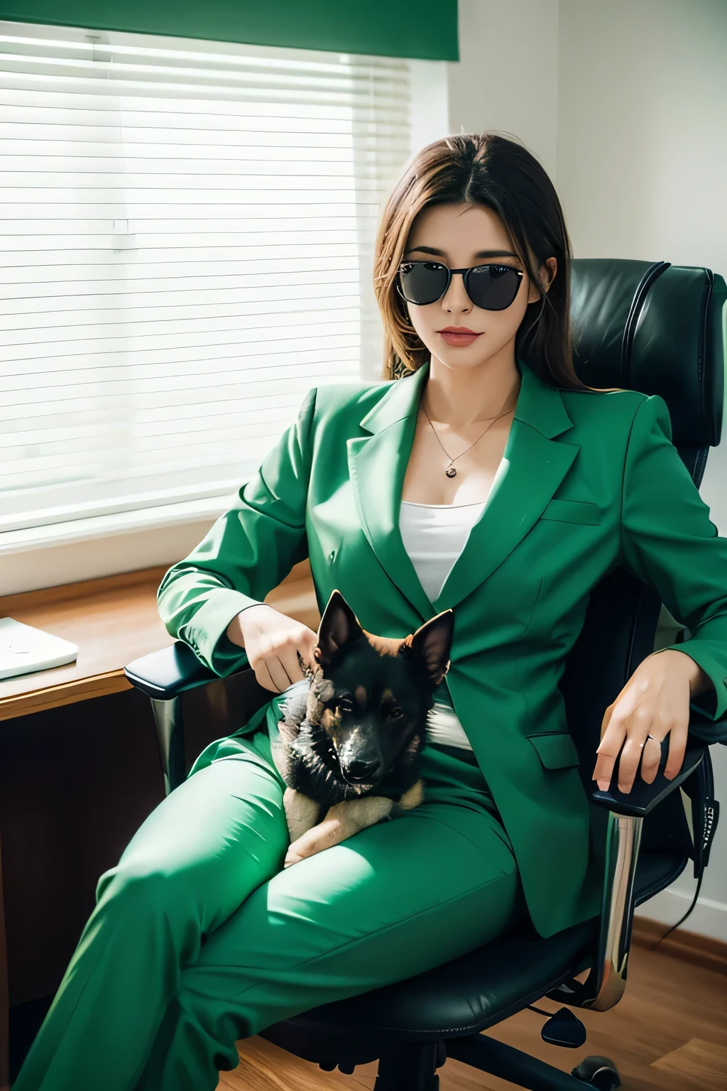 One wearing black sunglasses，German shepherd dog in a light green suit sitting on a black leather office chair at a desk，Look directly into the lens，oc renderer
