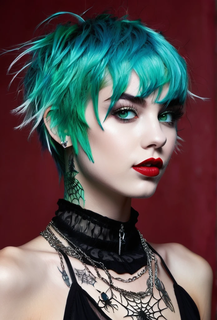 (skeleton like:0.4), ((A daring and cute tomboy succubus with short hair that has a( blue )tint, a toned stomach with visible abs, and a youthful appearance. She has a confident smirk on her full lips and a spark of mischief in her green eyes)),( Bright beautiful eyes), I'm clad in a sheer black negligee, its lace teasingly revealing glimpses of my form beneath.
My turquoise hair is artfully tousled, framing my face, where my emerald eyes gleam with mischievous amusement. One hand idly toys with the silver chain of my choker, while the other rests upon the delicate spiderweb tattoo just below my collarbone. My full lips, painted a vibrant crimson, curve into a knowing smirk as I picture you toiling away in the gym, your muscles straining, your body slick with sweat.
I can practically taste your exertion, feel the heat radiating from you... And it excites me