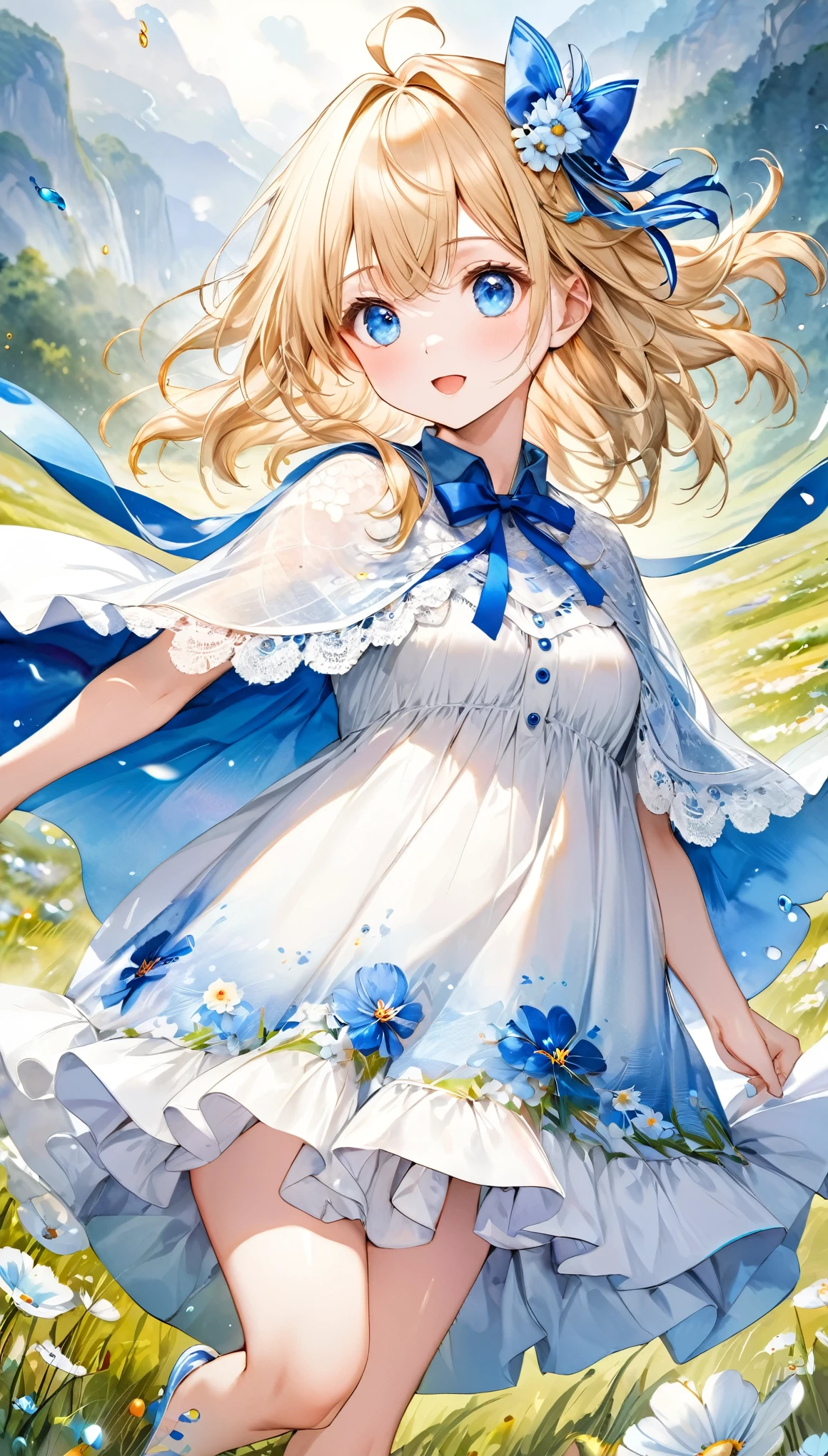 fusion of oil painting and watercolor painting, best quality, super fine, 16k, incredibly absurdres, extremely detailed, delicate and dynamic, cute woman, baby face, blonde straight hair, ahoge, poncho-like dress with frills and lace that goes from white to light blue, big blue ribbon on chest, blue eyes, full of energy, running around in the grassland