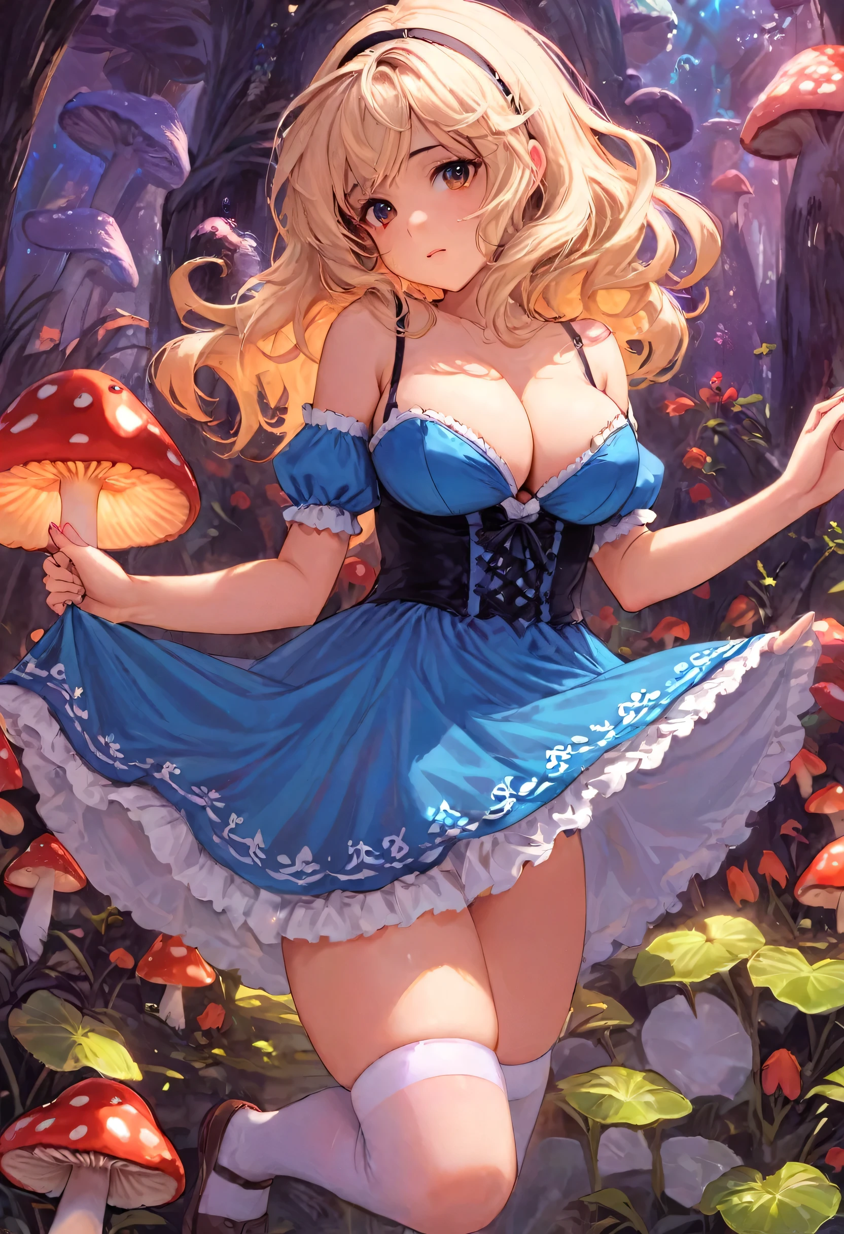 a beautiful 20 year old blonde woman with big messy hair in a blue dress, white stockings, black headband, cleavage, holding a glowing mushroom, fantasy art style, rossdraws cartoon vibrant, alice x. zhang, alice in wonderland cyberpunk, cute detailed digital art, colorfull digital fantasy art, digital fantasy art ), glossy digital painting, rossdraws pastel vibrant, rossdraws 2. 5, rossdraws 1. 0