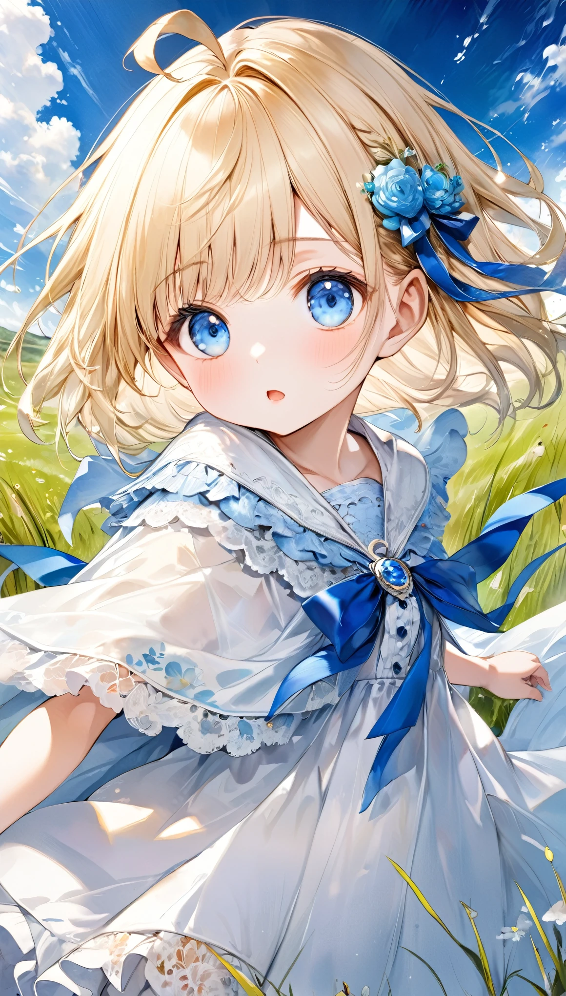 fusion of oil painting and watercolor painting, best quality, super fine, 16k, incredibly absurdres, extremely detailed, delicate and dynamic, cute woman, , blonde straight hair, ahoge, poncho-like dress with frills and lace that goes from white to light blue, big blue ribbon on chest, blue eyes, full of energy, running around in the grassland