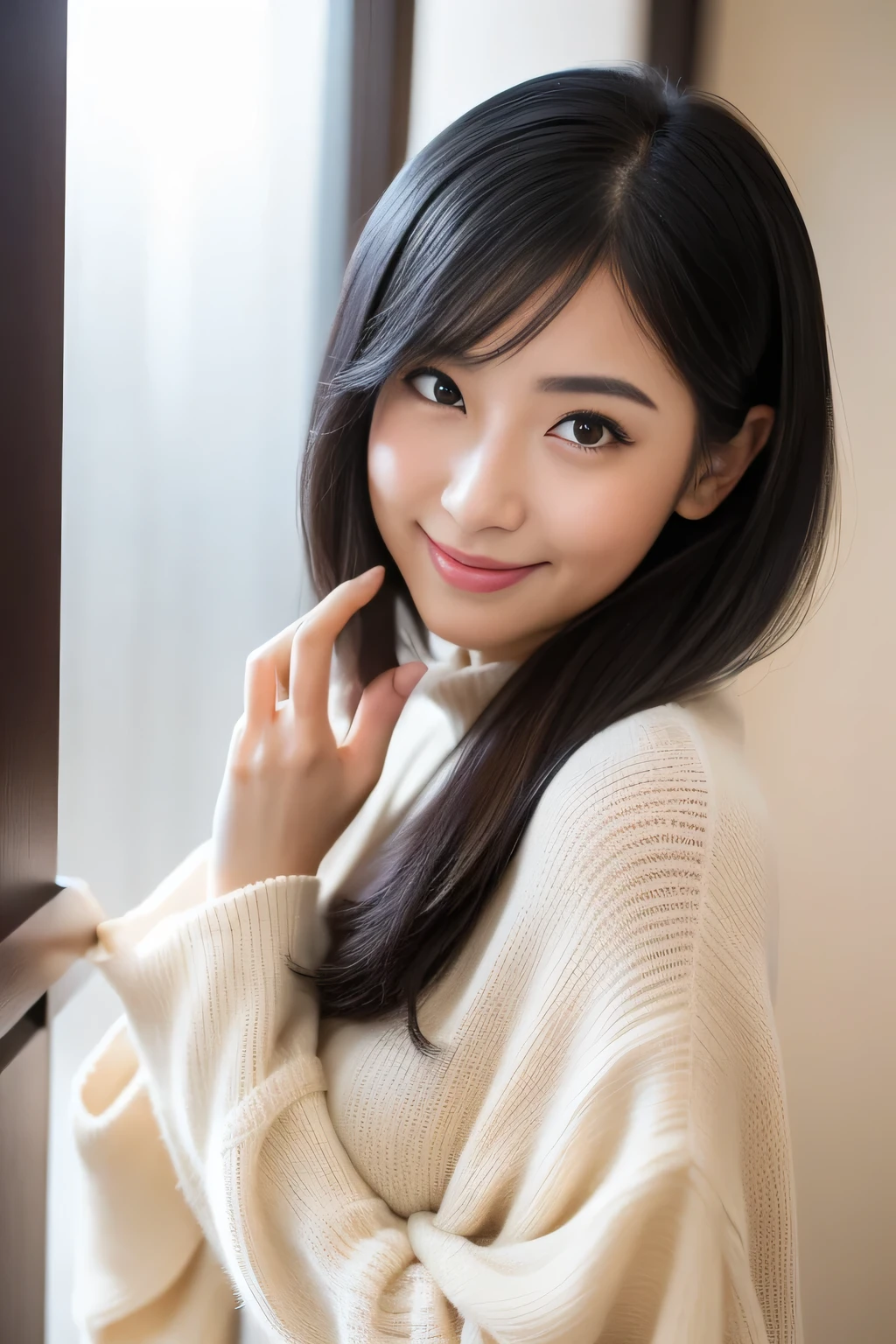 (A wonderful masterpiece、high quality、High resolution)、((Beautiful and cute:1.3、Japanese women、Sexy Idol、sense of cleanliness、Pure、Affectionate))、sweater、(Complete and accurate anatomy、Plump and beautiful hands and feet、Healthy Body),(Black Hair、Beautiful Skin、iris)、Perfect body、Huge breasts:1.4、happiness、Cold winter、Comfortable and relaxing space、sunlight、Winter Scenery、(Professionally taken photos),