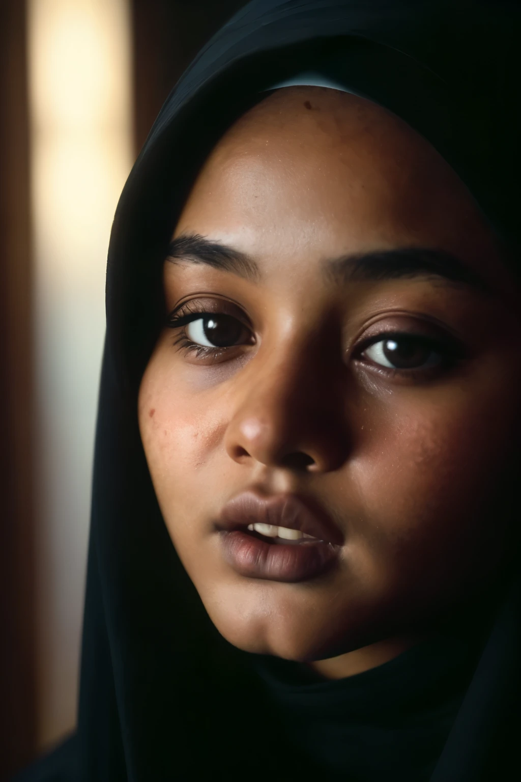 hijabi, sexy, cleavage, (close-up, editorial photograph of a 15 year old javanese teen), (highly detailed face:1.4) (smile:0.7) (background inside blinding, moody, private study:1.3) POV, by lee jeffries, nikon d850, film stock photograph ,4 kodak portra 400 ,camera f1.6 lens ,rich colors ,hyper realistic ,lifelike texture, dramatic lighting , cinestill 800,