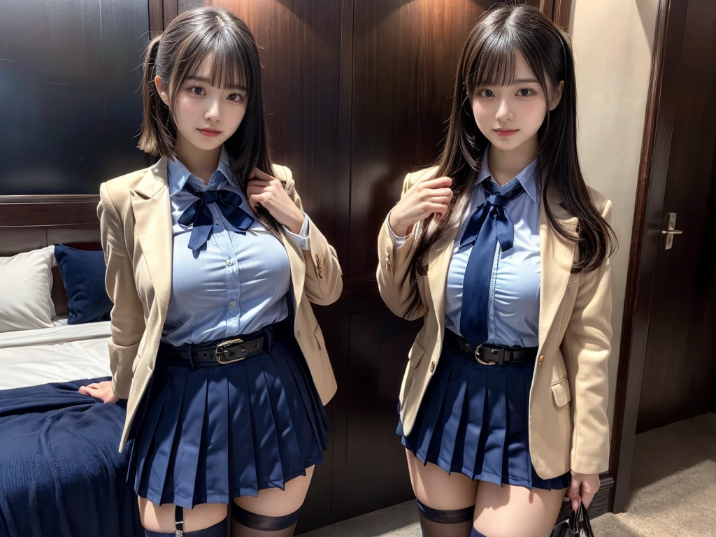 (8K, Raw photography, top-quality, masterpiece:1.2), master piece, best quality, illustration, Super detailed, fine details, High resolution, 8K,wall paper, perfect dynamic composition,(Details High quality, realistic depiction of eyes:1.3), ((2 girls, 2 schoolgirls)), The background is a luxury hotel room、High school girl uniform、blazer 、Super Short Check Uniform Skirt、Navy blue high socks、garterbelts、Colossal tits、Disturbed uniform, Play with each other,Touching each other's bodies,Touching the body of the girl next door, short bob hair, black hair color, huge breasts, Big Natural Color Lip, bold sexy pose, (perfect body shape), crying a little、cold gaze, Beautiful makeup,glitter makeup,Cutest 18 years old, beautiful legs, hposing Gravure Idol, Voluptuous thighs