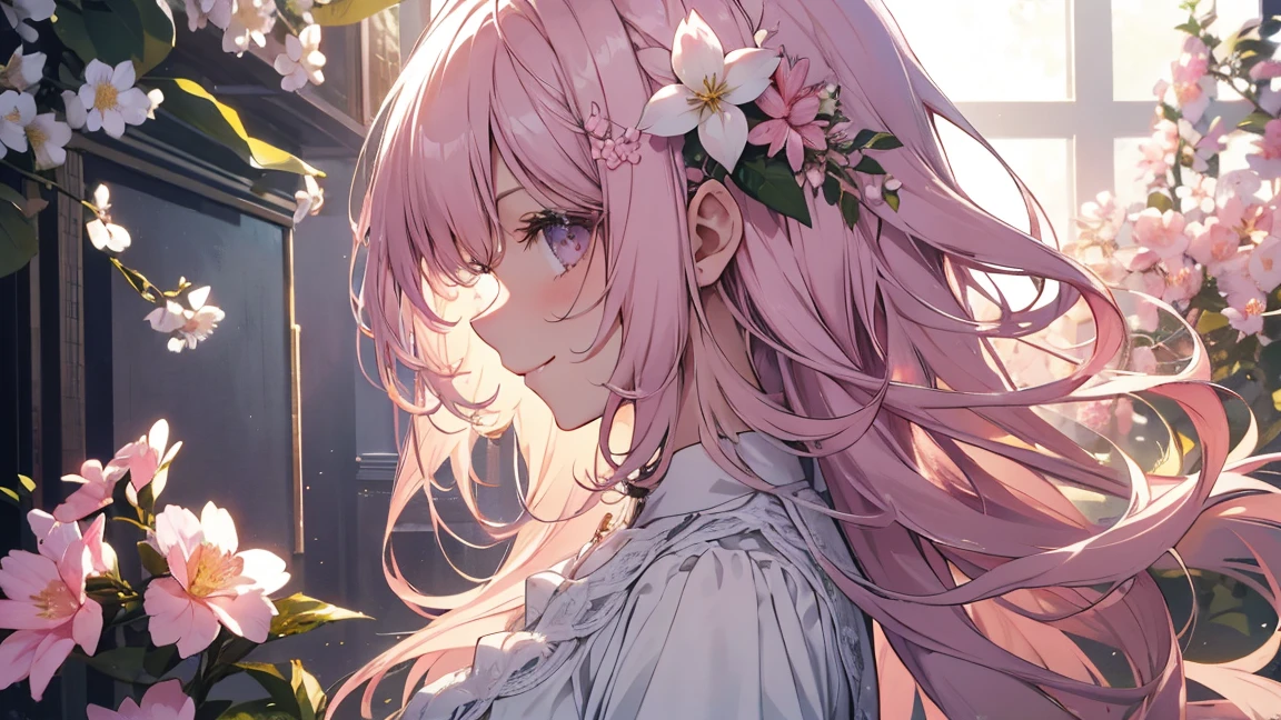 Natural light, Floating Hair, A kind smile, profile, Pale pink hair, Spring flower,