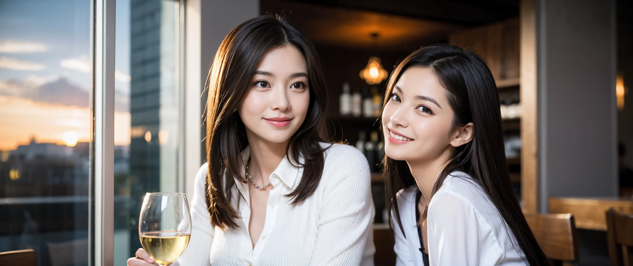((highest quality、8k、masterpiece:1.3))、Wine Party、1 male 1 female、Couple、恋人たちCouple、slimなボディ、((Bob Hale、Straight hair:1.2)), (Realistic, Intricate details:1.2), テーブルにwine glass、Put the light on your face、 Amazing view of the sunset sky and clouds、Amazing mountain views、ニコニコ明るいsmile、smileの素敵、Bright image、The beauty of wine, Beautiful Face, blue eyes, The light shines on your face, Blushing, short hair,Bright Face、 (Age 37), 39 years old, red wine 、Appetizers、Italian food、Wine bottle、Champagne、sparkling wine、Two beauties、Brown Hair、Shortcuts、Long sleeve shirt、dress、Pretty Woman 1, (slimな顔), (The body is slim), (Brown Hair), (Shortcuts), cheeks turn a little red,Attractive beauty、restaurant, In a prominent place (From the waist up) Nova Frog Style, actress, model, Upper Body, White wine, slim, wine glass, 真ん中に置かれたwine glass, smile, (smile: 1.15), Beautiful fine grain, Depth f/2,saturation, High Contrast, Strong light and shadow,Moist Body:1.5、3D texture、Delicate eyes、Brown Hair、The hair is very shiny、
