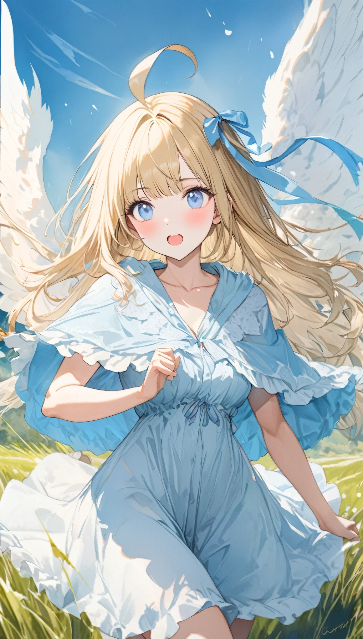 fusion of oil painting and watercolor painting, best quality, super fine, 16k, incredibly absurdres, extremely detailed, delicate and dynamic, cute woman, , blonde straight hair, ahoge, angel wings, poncho-like dress with frills and lace that goes from white to light blue, big blue ribbon on chest, blue eyes, full of energy, running around in the grassland