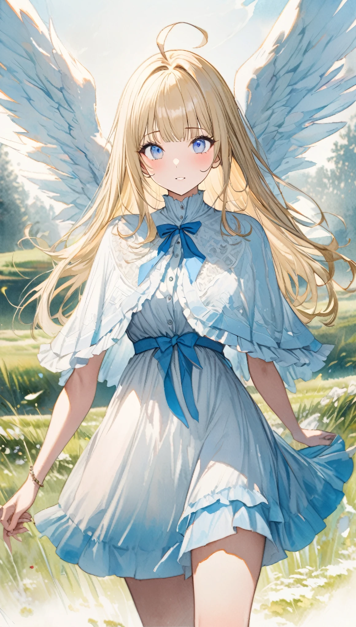fusion of oil painting and watercolor painting, best quality, super fine, 16k, incredibly absurdres, extremely detailed, delicate and dynamic, cute woman, , blonde straight hair, ahoge, angel wings, poncho-like dress with frills and lace that goes from white to light blue, big blue ribbon on chest, blue eyes, full of energy, running around in the grassland