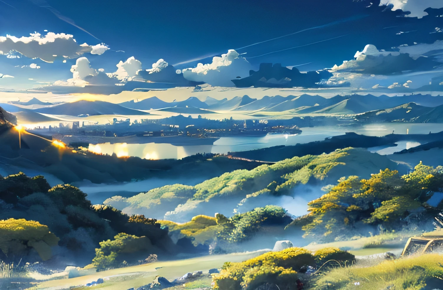 A vast and majestic skyline、The vast expanse of sky takes up two-thirds of the photo、There is an abandoned Japanese city in the distance