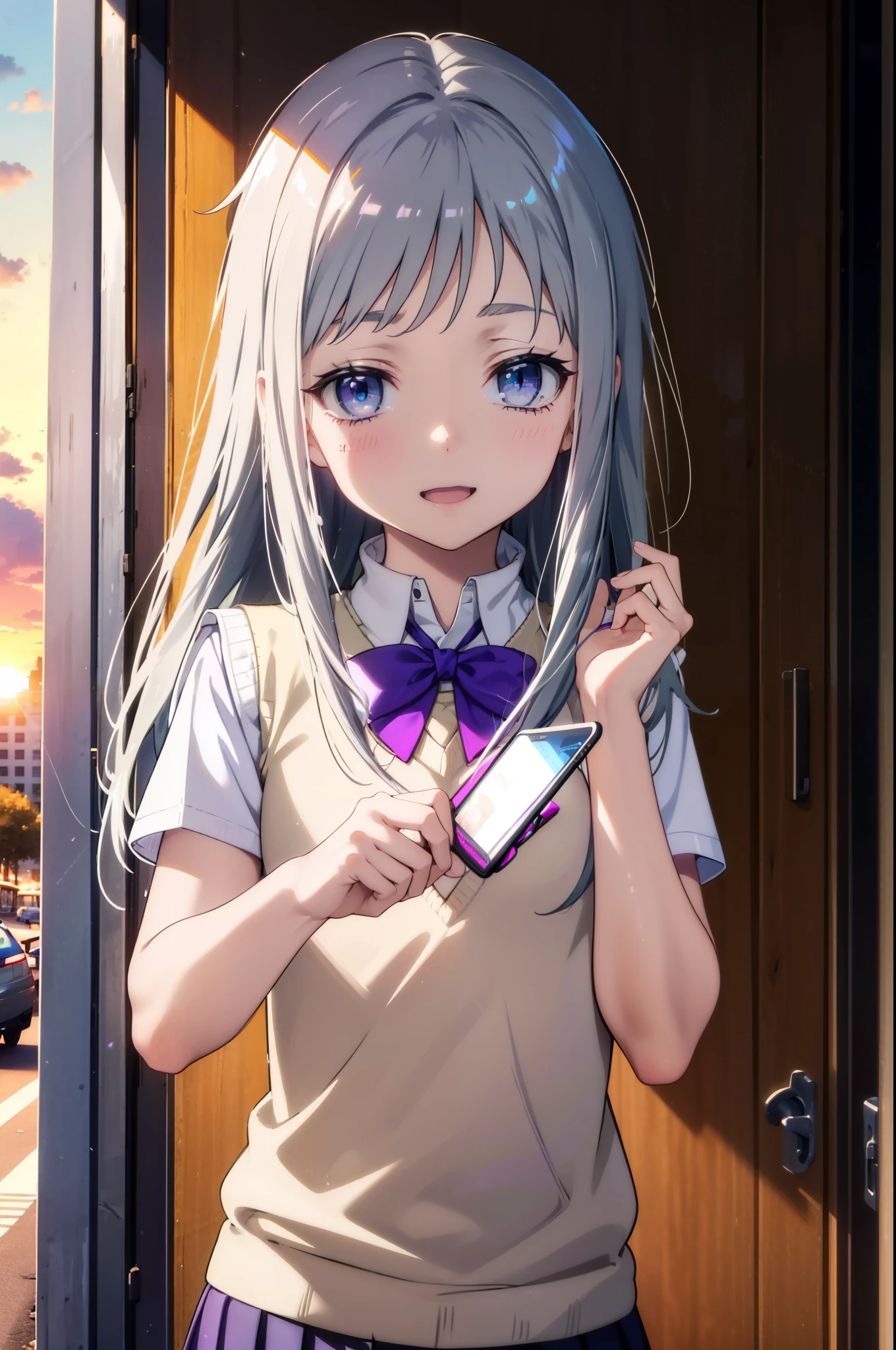 meikohonma, meiko honma, Long Hair, blue eyes, Grey Hair, smile,happy smile, smile, Open your mouth, 　　　　　　
break skirt, shirt, bow, ribbon, , white shirt, Short sleeve, Pleated skirt, collared shirt, mini skirt, bowtie, Black Loafers , Black Skirt, Black pantyhose, Brown loafers, green bow, Sweater vest, ( purple Sweater vest:1.5),sunset,evening,The sun is setting,whole bodyがイラストに入るように,Looking down from above,
break looking at viewer, whole body,
break outdoors ,In town,Building district,
break (masterpiece:1.2), highest quality, High resolution, unity 8k wallpaper, (shape:0.8), (Beautiful details:1.6), Highly detailed face, Perfect lighting, Extremely detailed CG, (Perfect hands, Perfect Anatomy),