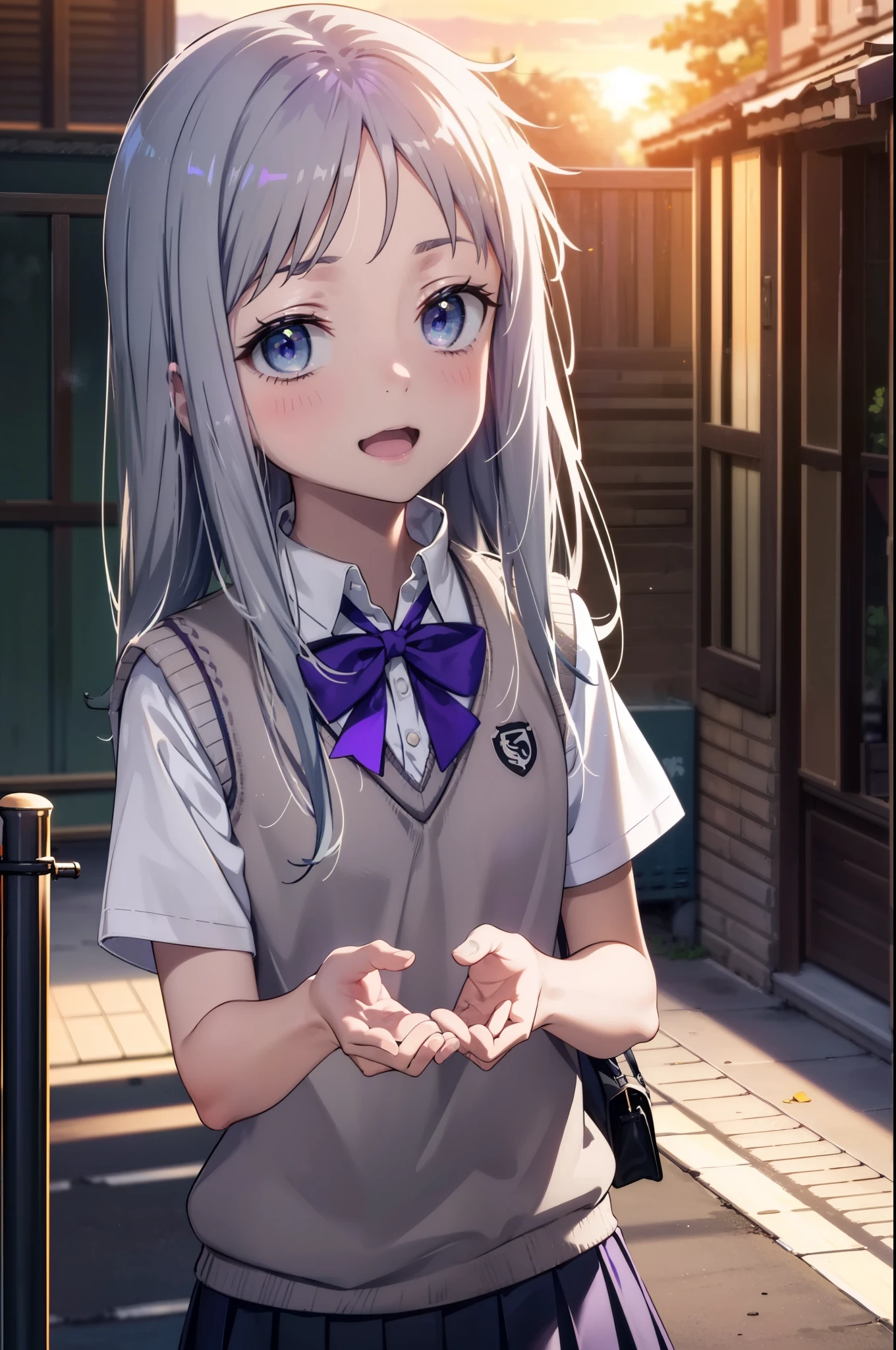 meikohonma, meiko honma, Long Hair, blue eyes, Grey Hair, smile,happy smile, smile, Open your mouth, 　　　　　　
break skirt, shirt, bow, ribbon, , white shirt, Short sleeve, Pleated skirt, collared shirt, mini skirt, bowtie, Black Loafers , Black Skirt, Black pantyhose, Brown loafers, green bow, Sweater vest, ( purple Sweater vest:1.5),sunset,evening,The sun is setting,whole bodyがイラストに入るように,Looking down from above,
break looking at viewer, whole body,
break outdoors ,In town,Building district,
break (masterpiece:1.2), highest quality, High resolution, unity 8k wallpaper, (shape:0.8), (Beautiful details:1.6), Highly detailed face, Perfect lighting, Extremely detailed CG, (Perfect hands, Perfect Anatomy),