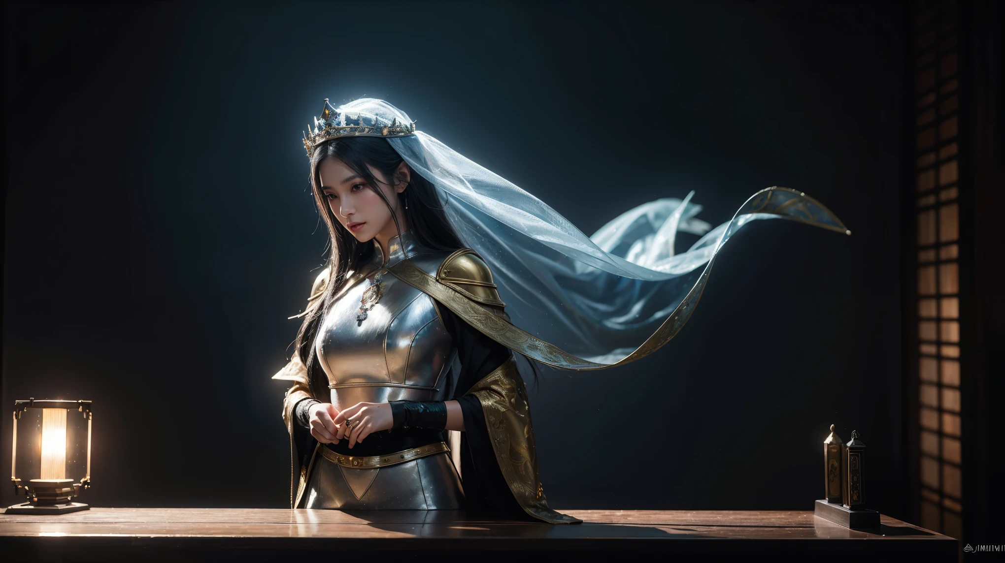 Model shooting style, (Highly detailed CG Unity 8k wallpaper), Full body photos of the most beautiful works of art in the world, Medieval Queen, Green Veil, Dark Skin, Black women, Gold crown, diamond, Medieval architecture, Professional, majestic oil painting by Ed Blinky, Atey Gailan, Studio Ghibli, Jeremy Mann, Greg Manchess, Antonio Moro, Trending on Art Station, CGSociety Trends, Complex, High detail, Sharp focus, dramatic, Photorealistic paintings by Midjourney and Greg Rutkowski