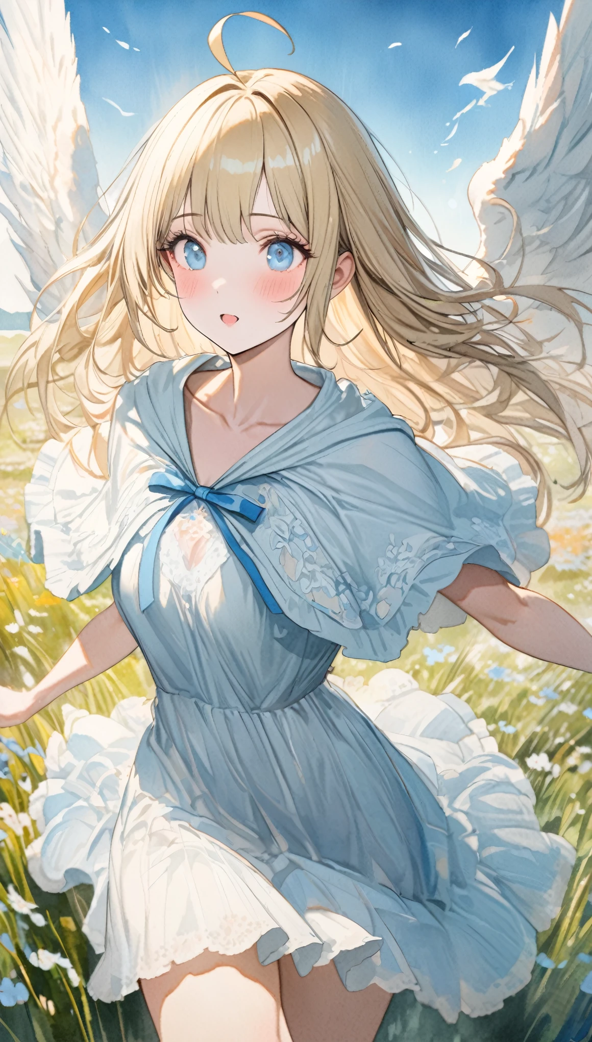fusion of oil painting and watercolor painting, best quality, super fine, 16k, incredibly absurdres, extremely detailed, delicate and dynamic, cute woman, baby face, blonde straight hair, ahoge, angel wings, poncho-like dress with frills and lace that goes from white to light blue, big blue ribbon on chest, blue eyes, full of energy, running around in the grassland