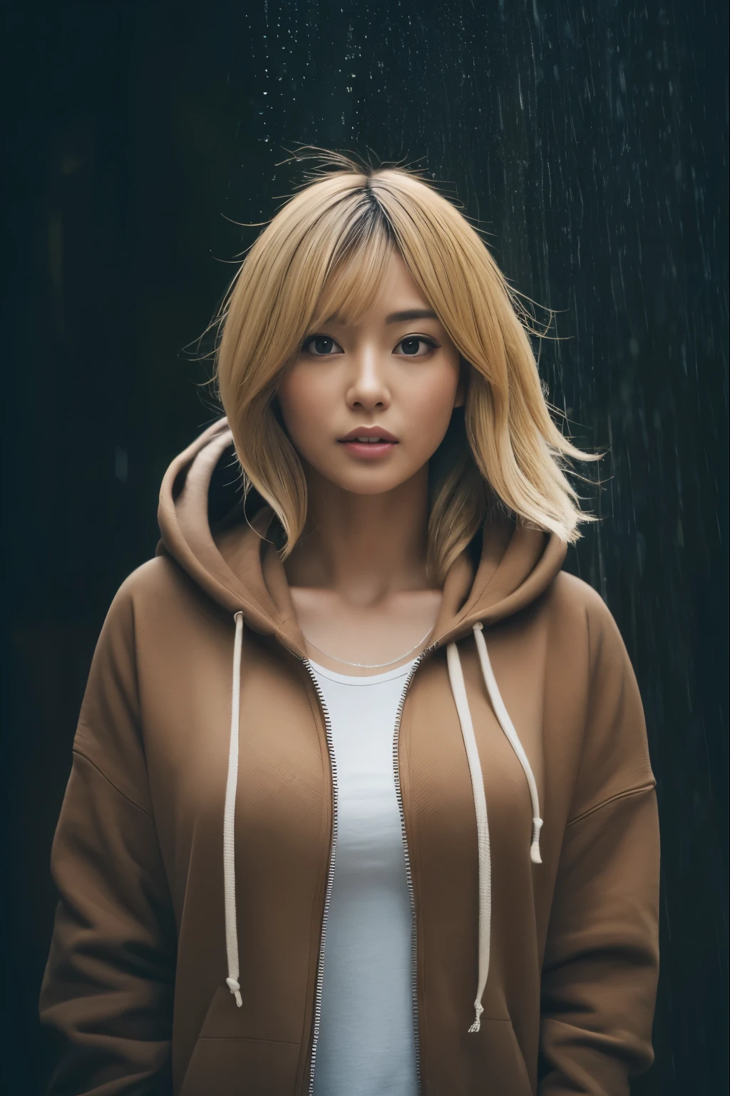 (masterpiece:1.2), ultra detailed, ultra high res, (realistic, photo realistic:1.37), high detail RAW color photo, professional photograph, an extremely delicate and beautiful, extremely detailed, finely detail, huge file size, extremely detailed beautiful girl, extremely detailed face, extremely detailed eyes, extremely detailed skin, extremely detailed nose, extremely detailed mouth, perfect anatomy, highly detailed background, shiny skin, (Japanese famous actress:1.2), (gyaru:1.25), flat chest, (brown race, dark skin, blond hair:1.55), very shortcut hair, (hoodie:1.2), hood up, (heavy rain:1.4), wet hair, wet skin, water drops, (full body:1.3), cinematic lighting, (dynamic pose:1.35), (shibuya:1.3)