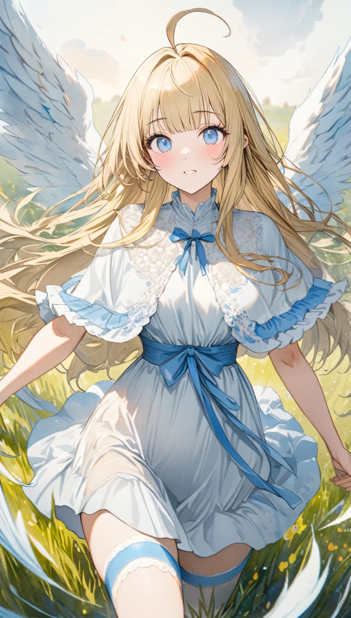 fusion of oil painting and watercolor painting, best quality, super fine, 16k, incredibly absurdres, extremely detailed, delicate and dynamic, cute woman, baby face, blonde straight hair, ahoge, angel wings, poncho-like dress with frills and lace that goes from white to light blue, big blue ribbon on chest, blue eyes, full of energy, running around in the grassland