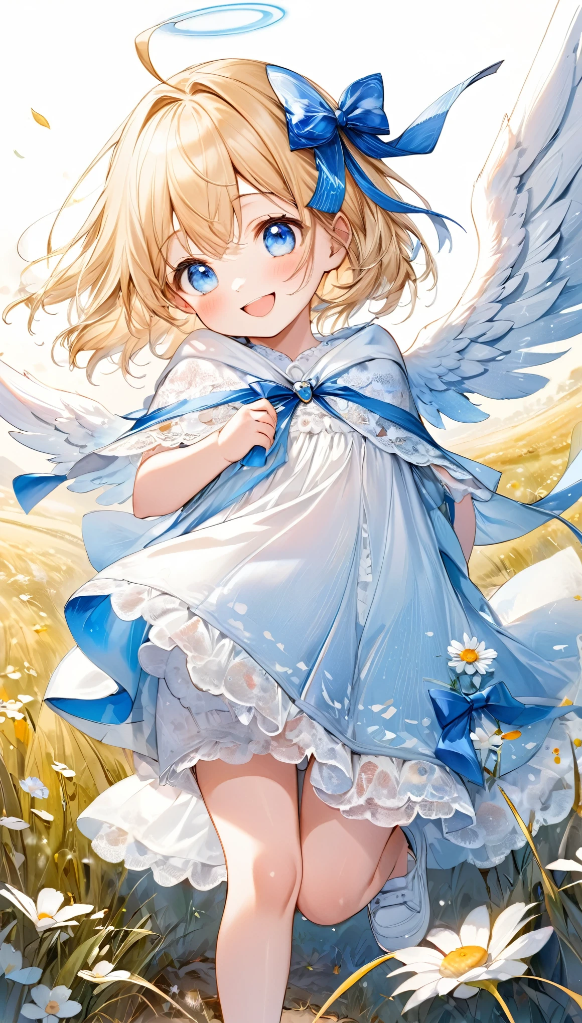 fusion of oil painting and watercolor painting, best quality, super fine, 16k, incredibly absurdres, extremely detailed, delicate and dynamic, cute woman, , smile, happy, shy, blonde straight hair, ahoge, angel wings, poncho-like dress with frills and lace that goes from white to light blue, big blue ribbon on chest, blue eyes, full of energy, running around in the grassland