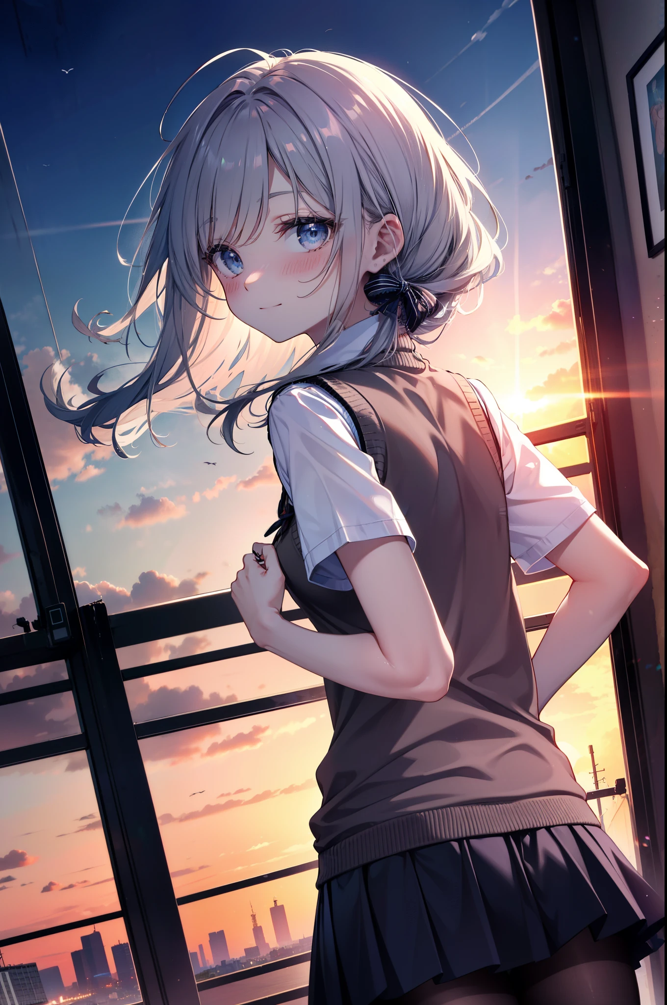 meikohonma, meiko honma, Long Hair, blue eyes, Grey Hair, smile,break skirt, shirt, bow, ribbon, , white shirt, Short sleeve, Pleated skirt, collared shirt, mini skirt, bowtie, 茶色のloafers , Black Skirt, Black Pantyhose, loafers, black bow, Sweater vest, (back Sweater vest:1.5),whole bodyがイラストに入るように,walk,Sunset,evening,The sun is setting,
break outdoors,  city,Area,
break looking at viewer, whole body,
break (masterpiece:1.2), highest quality, High resolution, unity 8k wallpaper, (shape:0.8), (Beautiful details:1.6), Highly detailed face, Perfect lighting, Highly detailed CG, (Perfect hands, Perfect Anatomy),