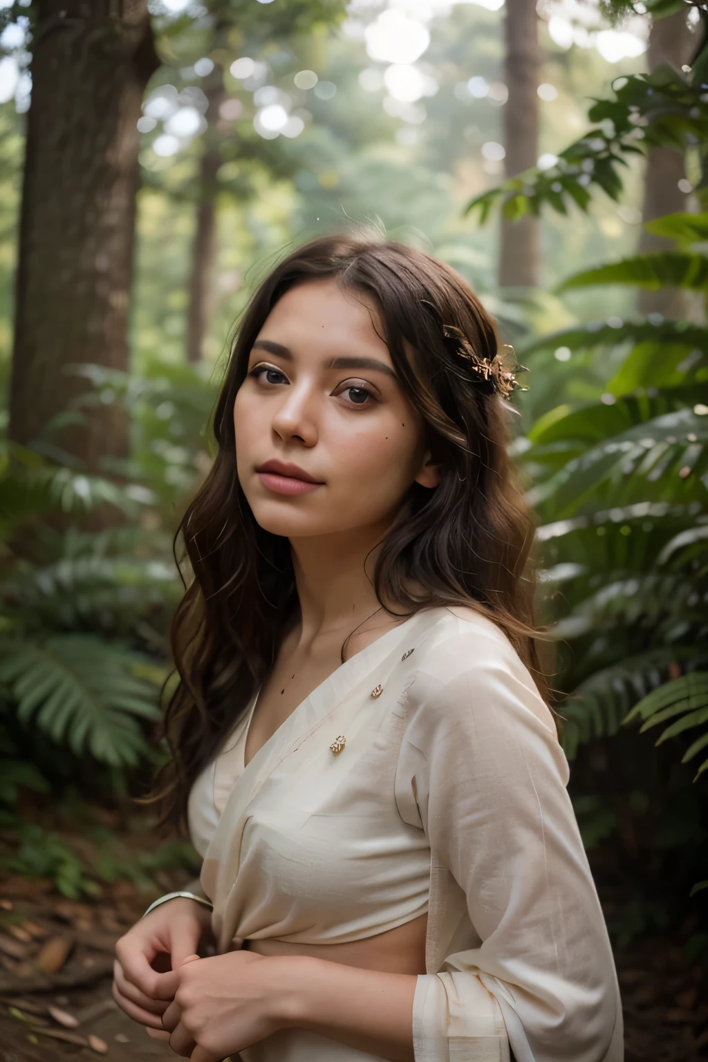 In the heart of an ancient forest, a young girl stands alone, surrounded by towering trees whose leaves whisper secrets of old. Her hair, cascading in soft waves, catches the dappled sunlight filtering through the dense canopy, creating an ethereal halo around her head. The strands, a rich shade of chestnut, are artfully arranged, intertwining with delicate braids that add an air of intricate elegance to her look.
Her skin, a light and flawless tone, contrasts beautifully with the vibrant greens and earthy browns of the forest backdrop. She wears a simple, yet stylish saree that accentuates her youthful form, its design merging seamlessly with the natural beauty around her. Her expression is one of quiet wonder and introspection as she explores the serene, mystical environment, embodying both strength and serenity in this solitary moment of connection with nature.